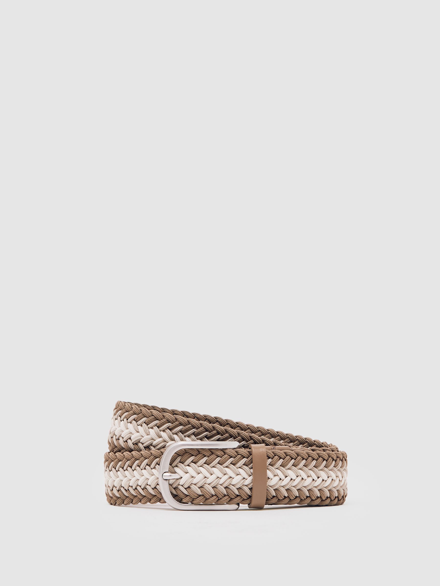 Woven Stripe Belt in Taupe Brown/Off White