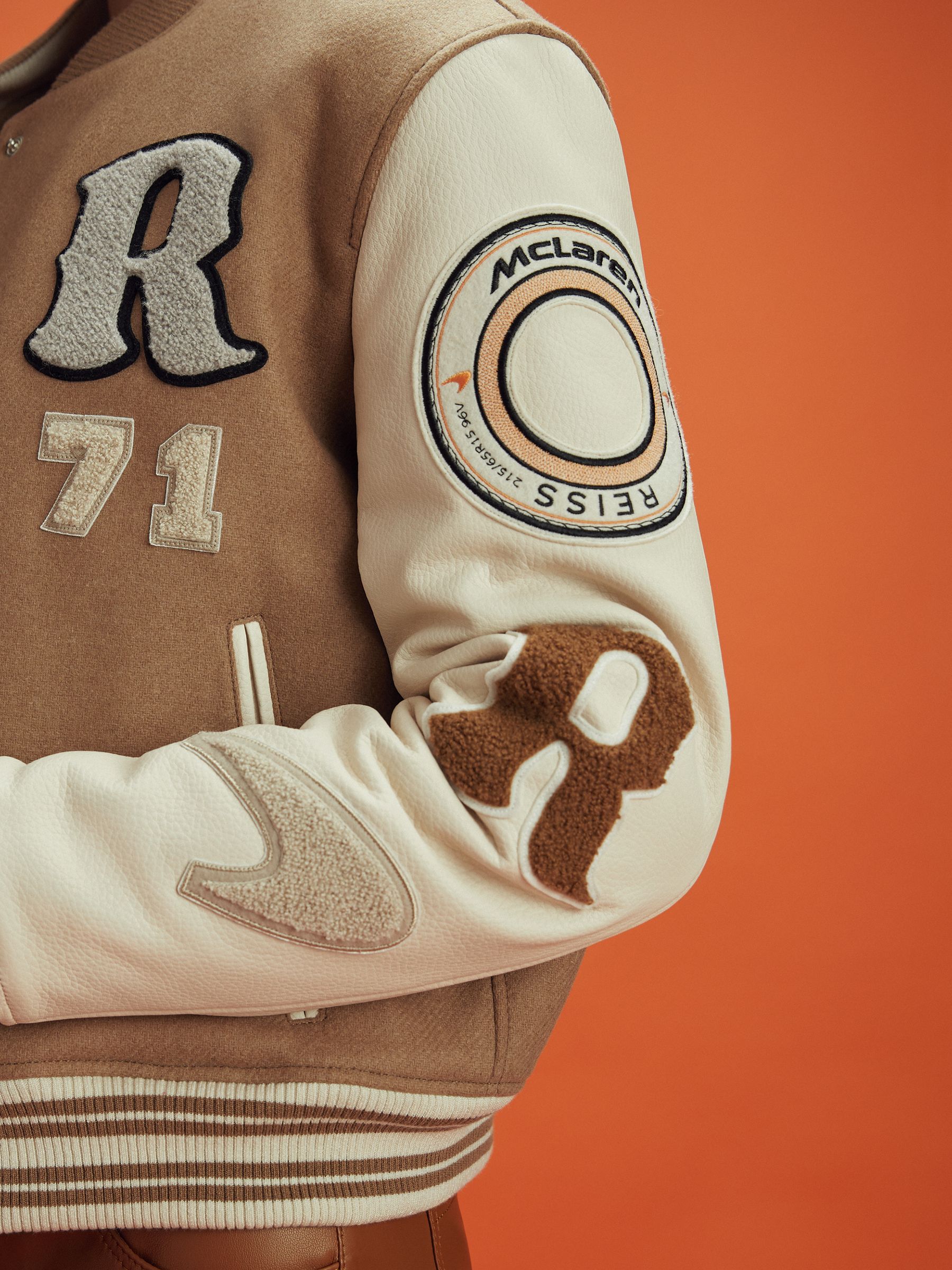 McLaren F1 Leather Varsity Jacket in Camel/Ecru