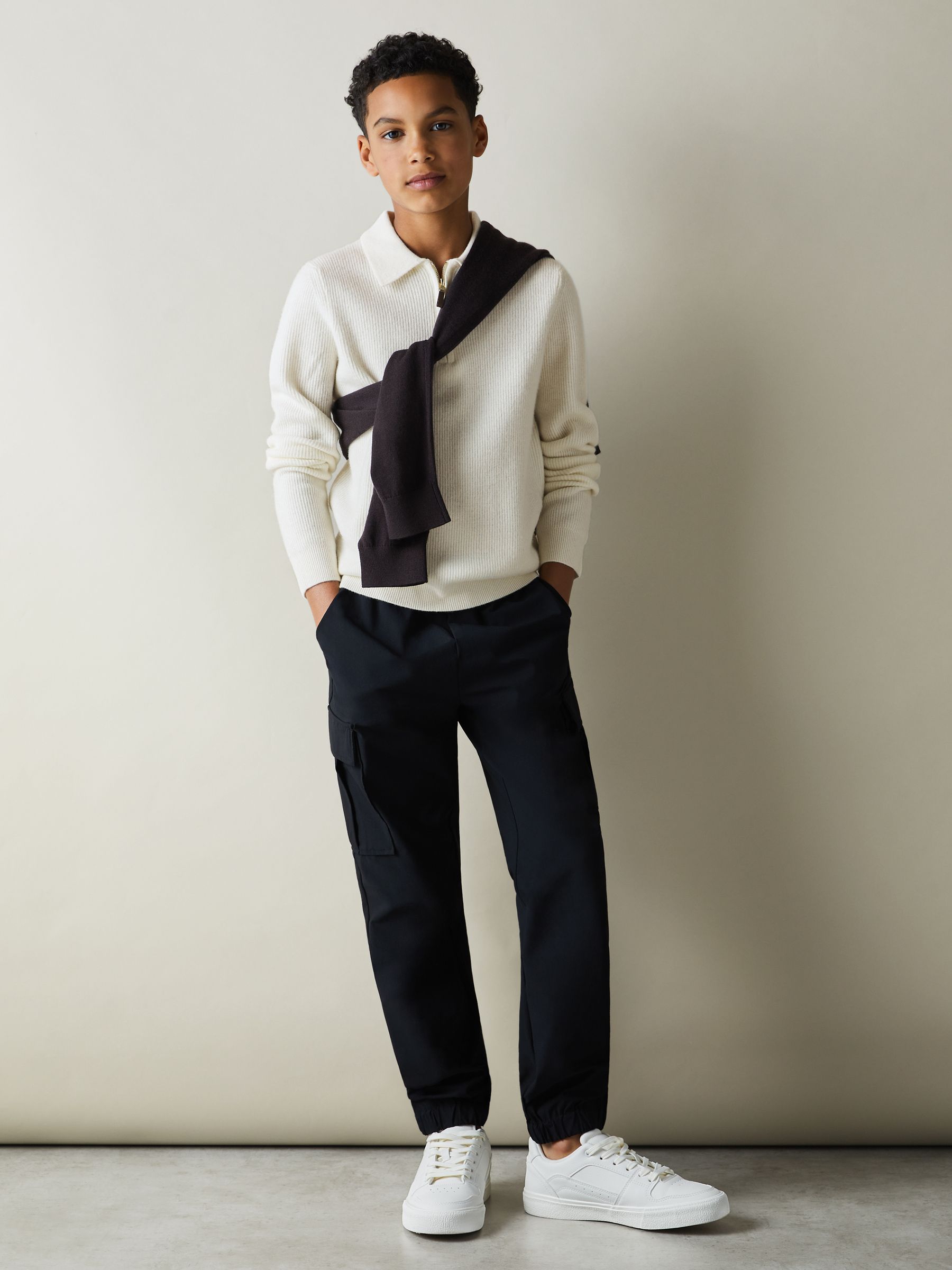 9-13 yrs Merino Wool Quarter Zip Polo Shirt in Off White