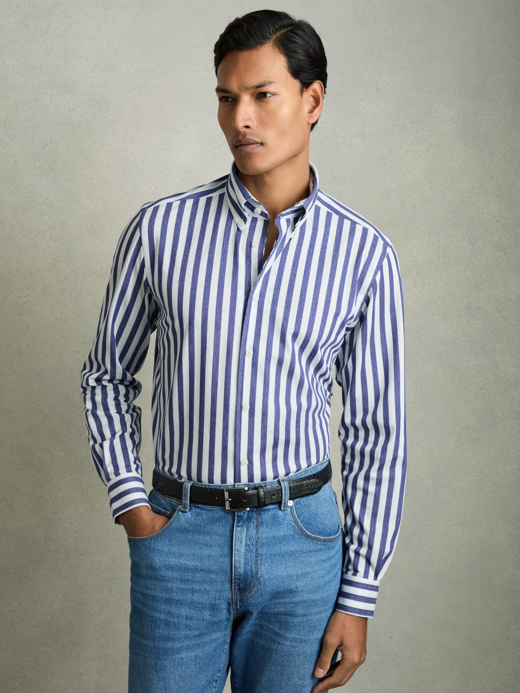 Striped Jersey Button-Down Shirt With Cotton in Blue Stripe