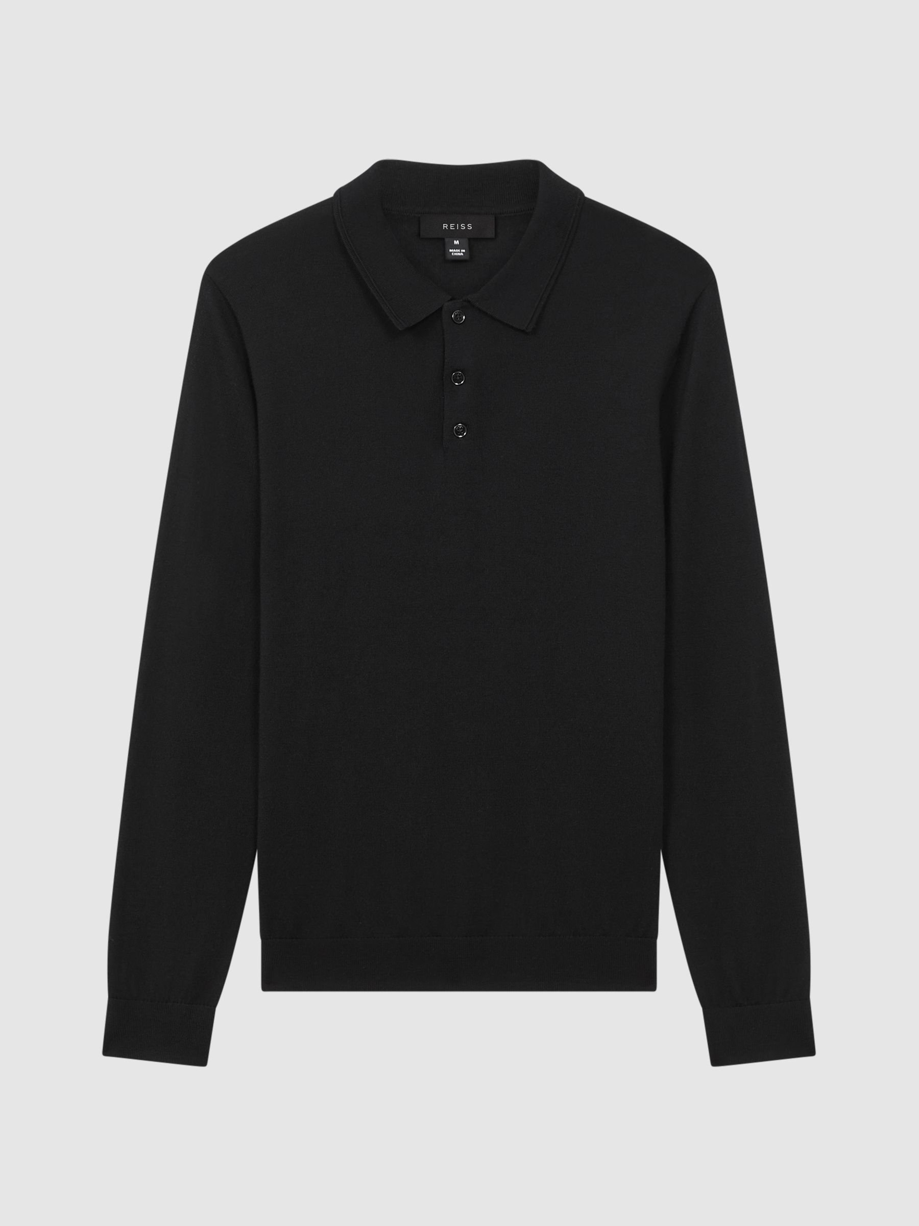 Merino Wool Long-Sleeve Polo Shirt in Black