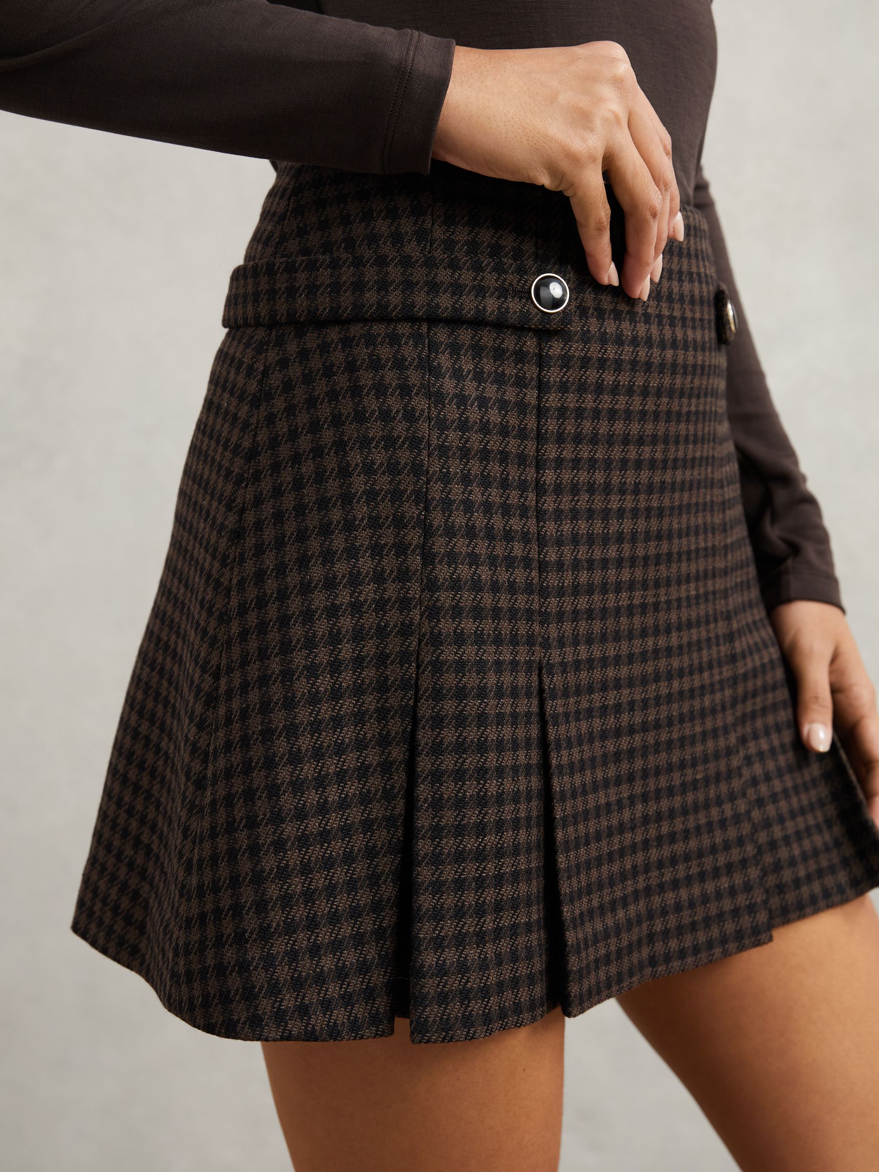Wool-Blend Check Mini Skirt in Black/Brown