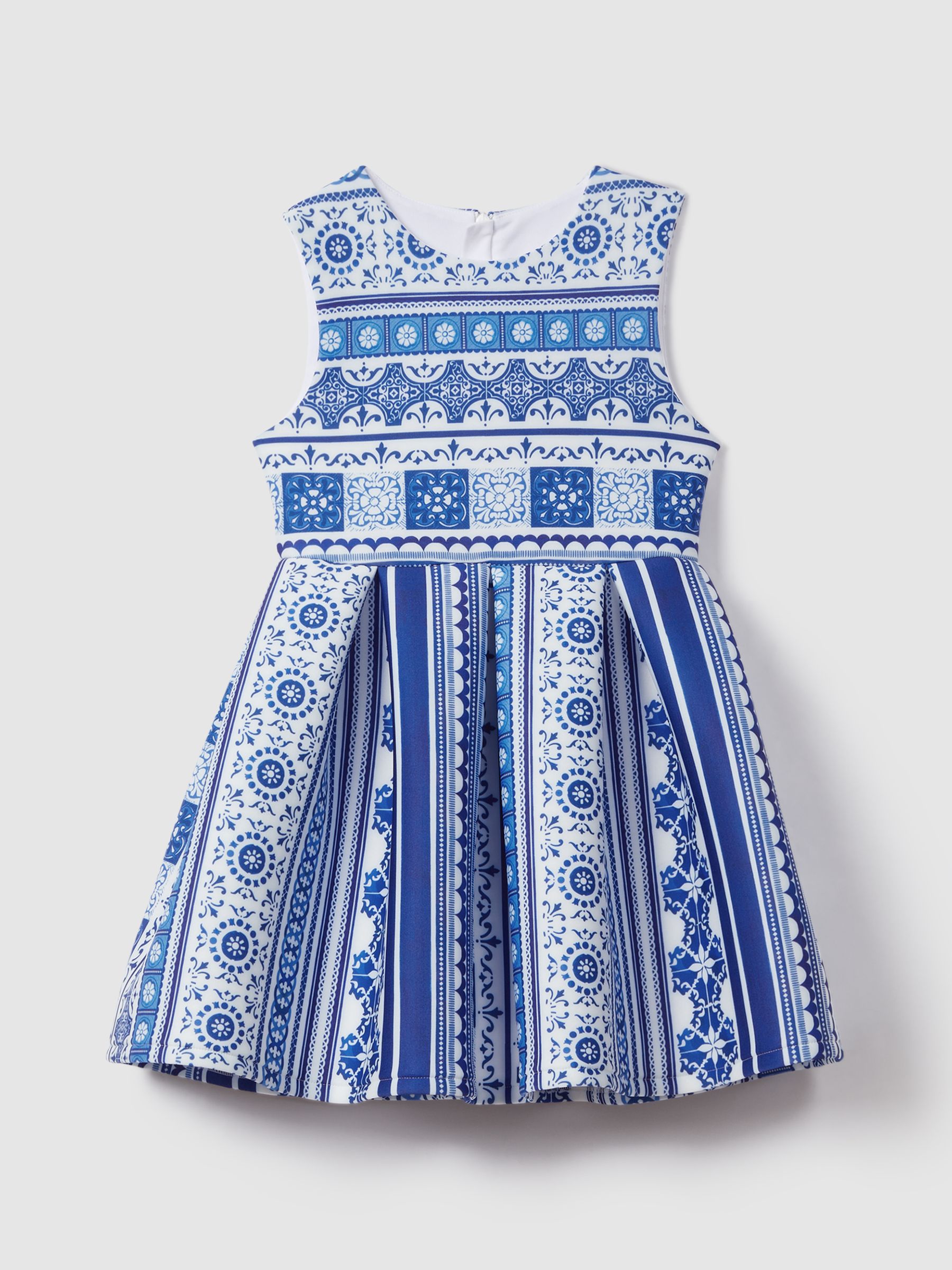 13-14 yrs Tile Print Scuba Fit-and-Flare Dress in Blue Print