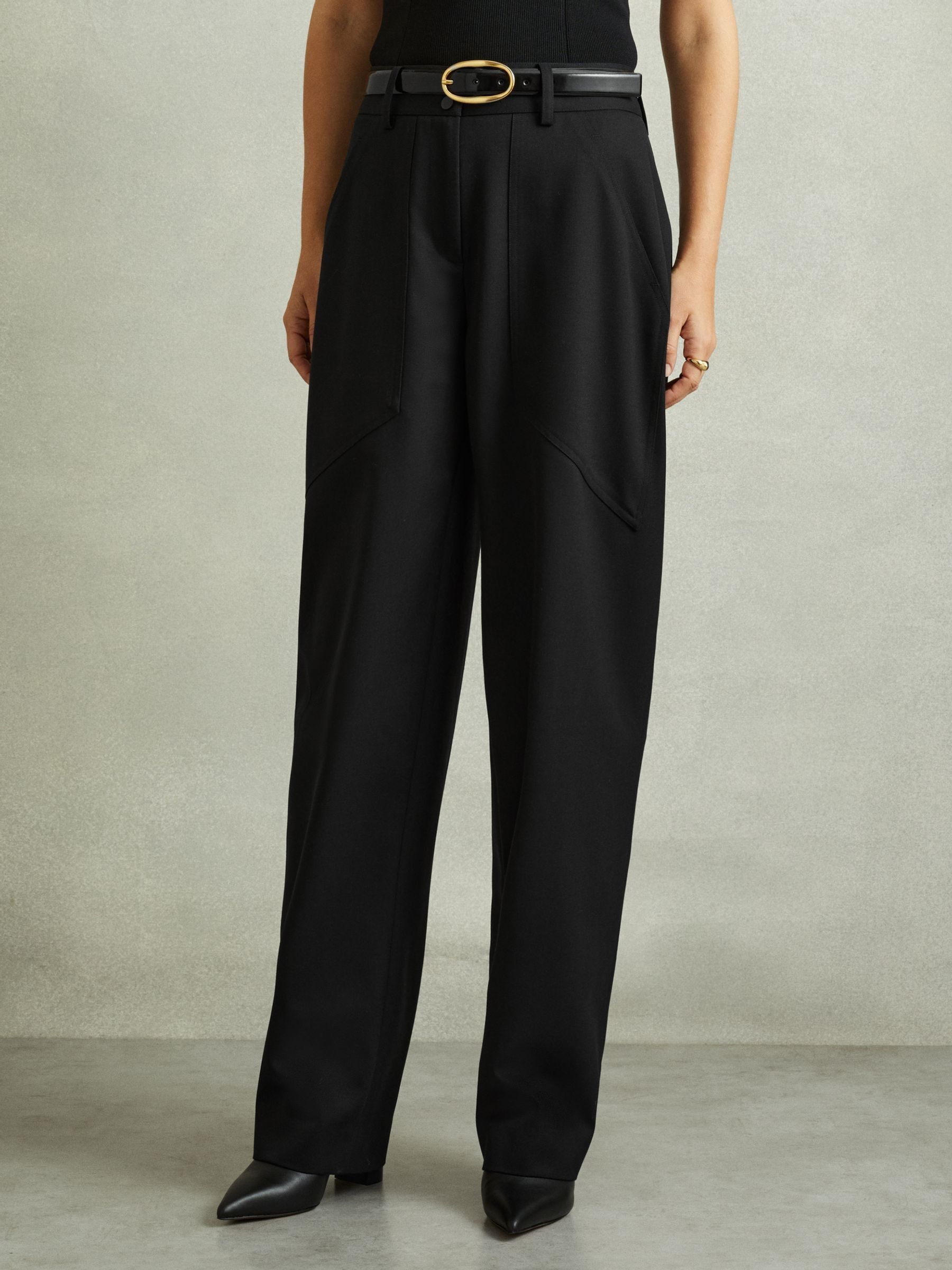 Wool Blend Barrel Leg Trousers in Black