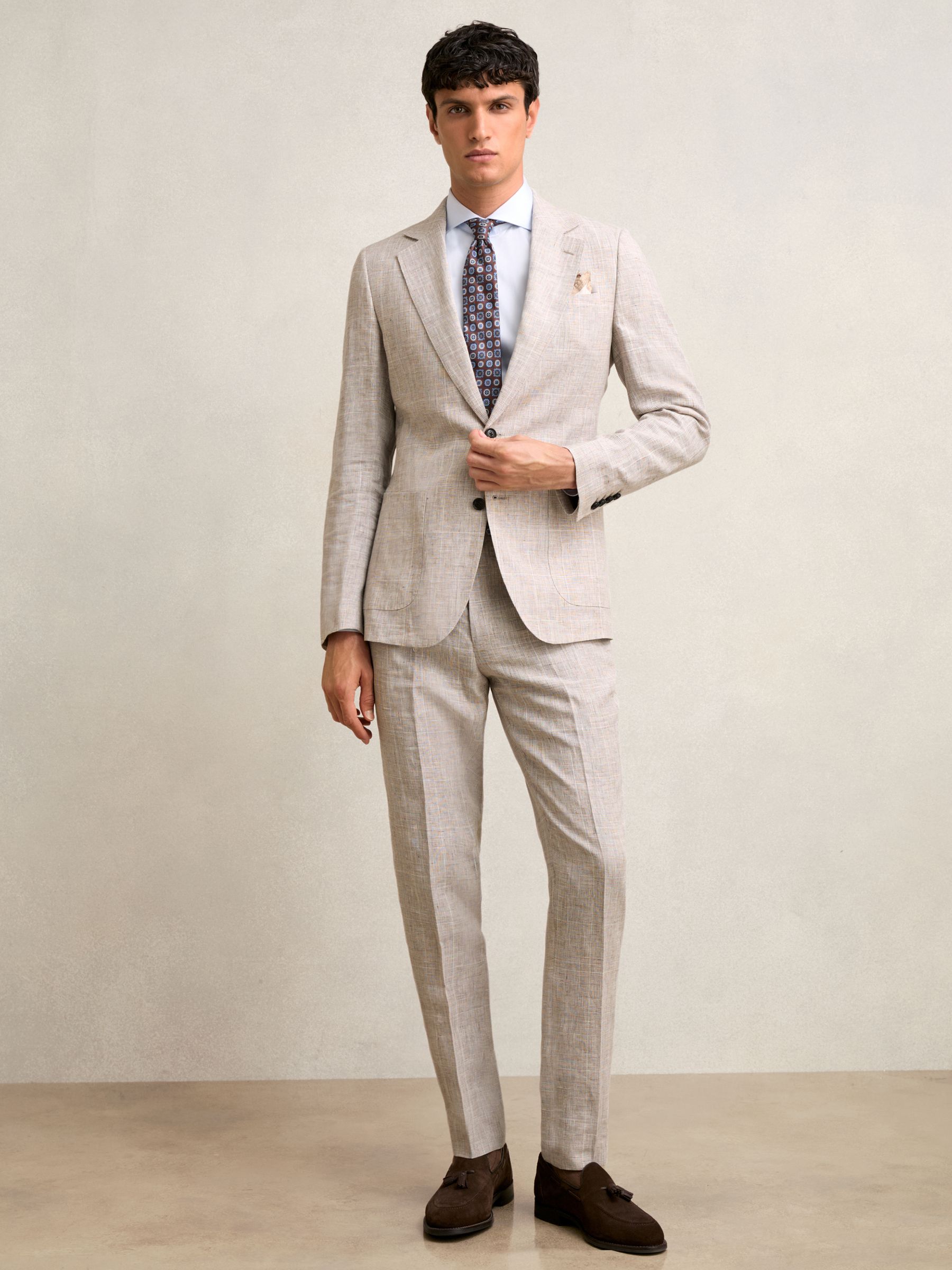 Slim Fit Linen Single Breasted Check Suit Blazer in Oatmeal
