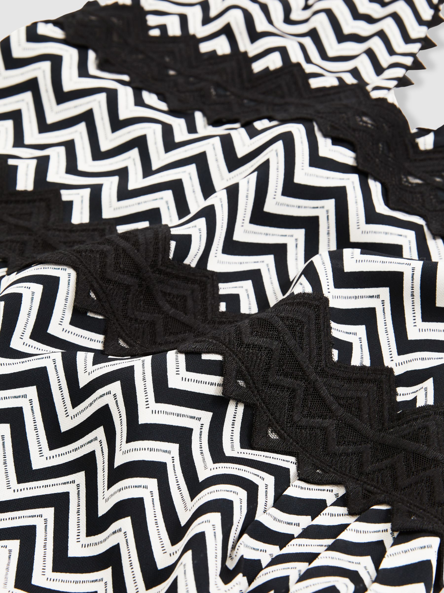 Zig-Zag Print Lace-Trim Mini Dress in Navy