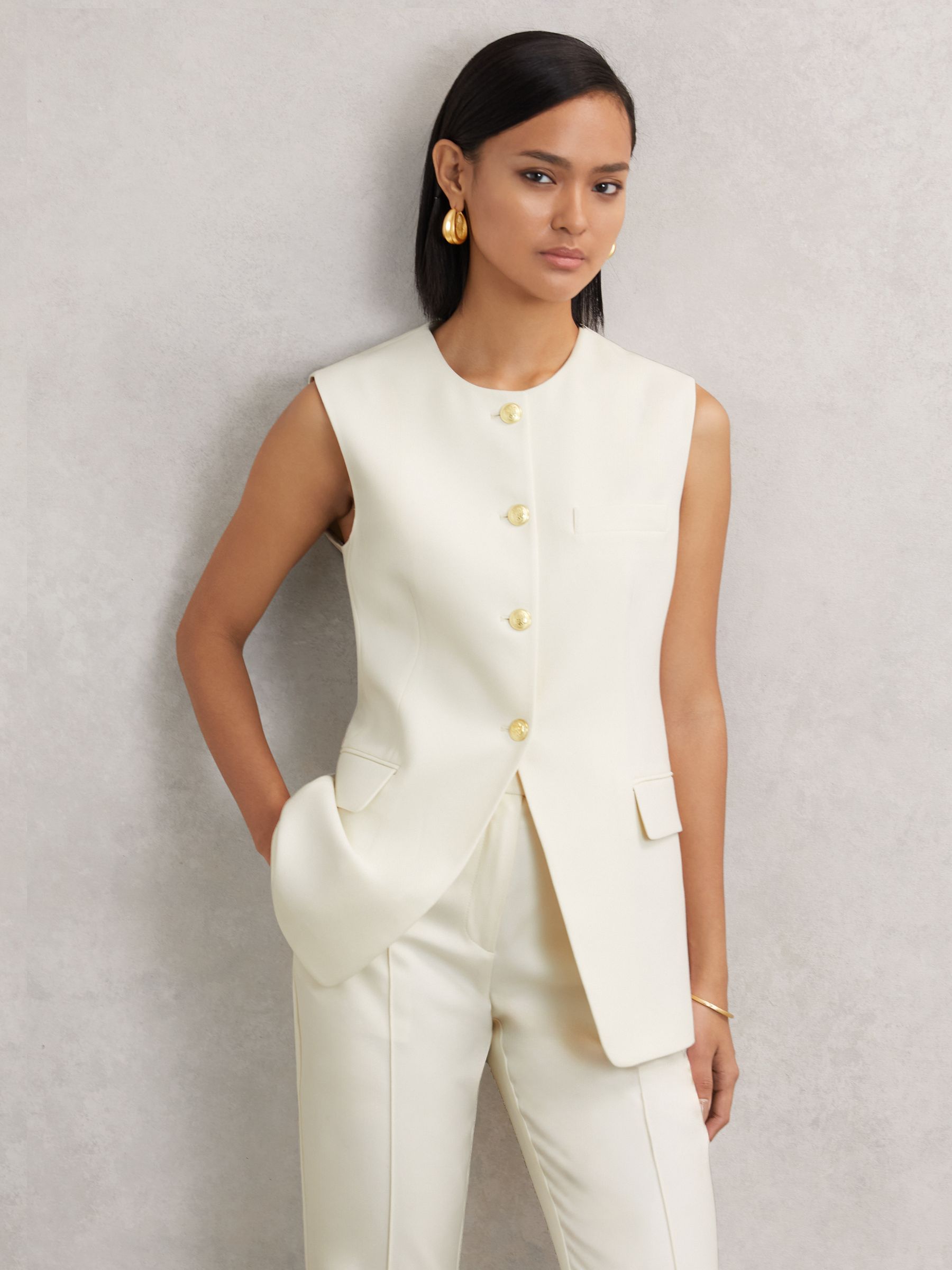 High-Neck Longline Waistcoat in Cream