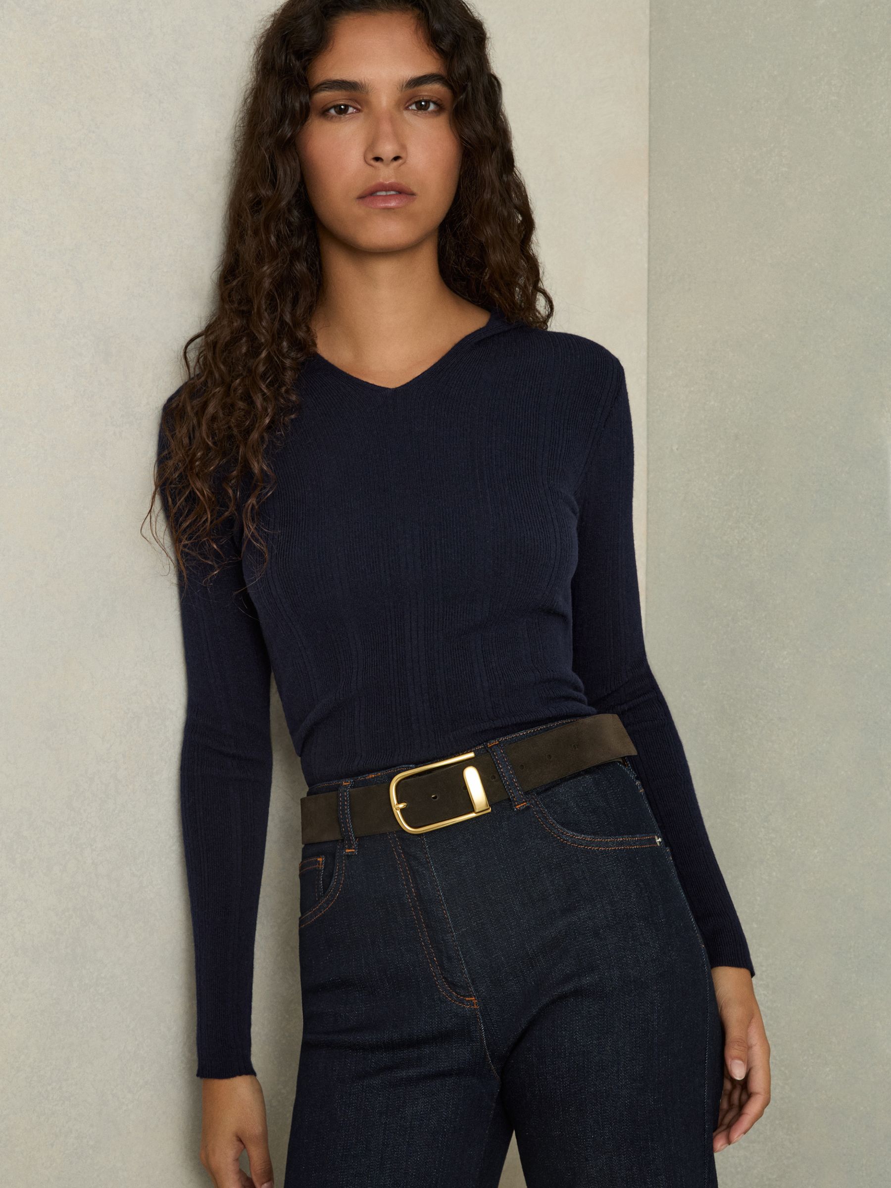Wool-Blend Rib-Knit Hooded Jumper in Navy