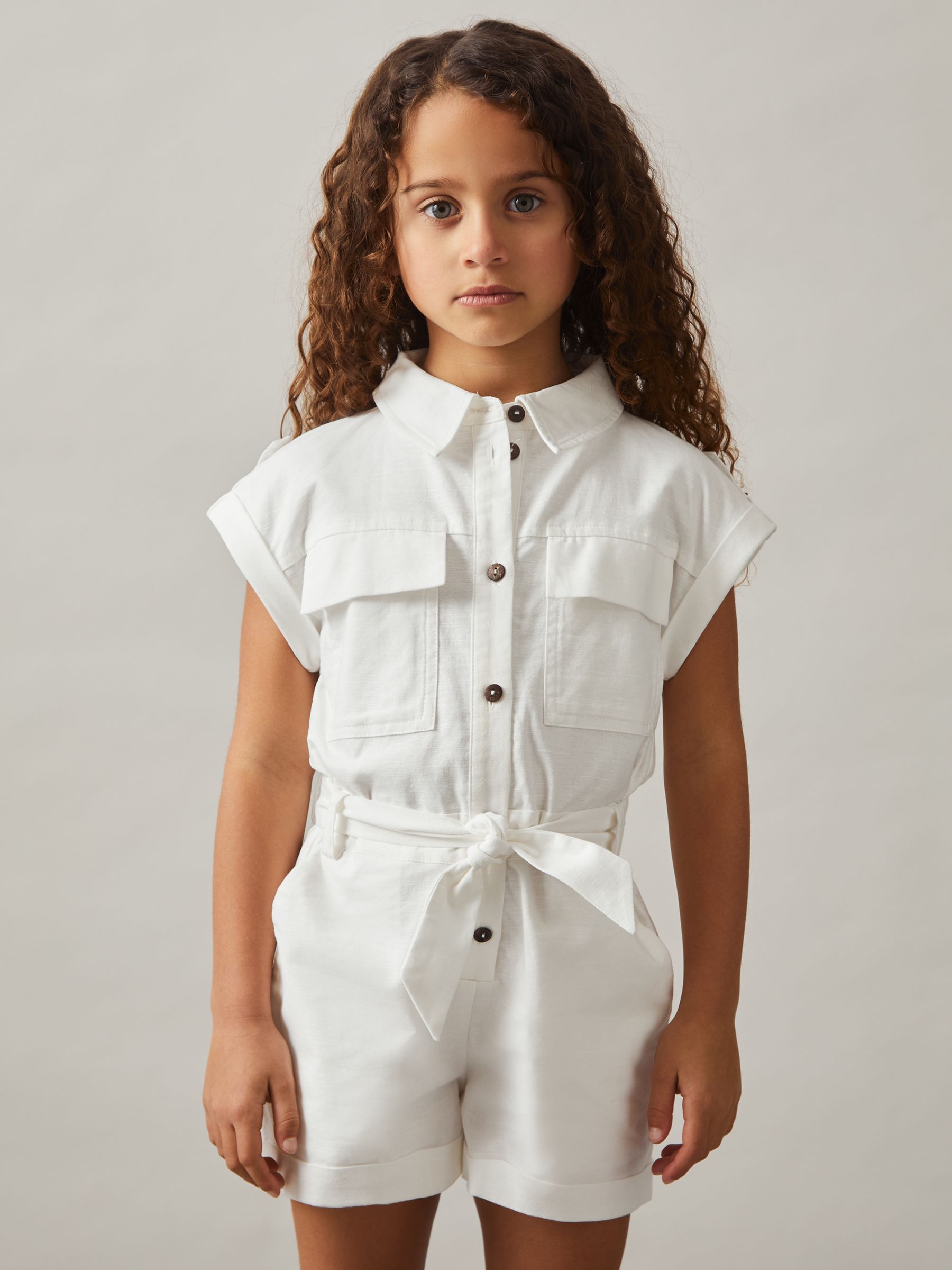 9-13 yrs Cotton-Linen Belted Playsuit in Ivory