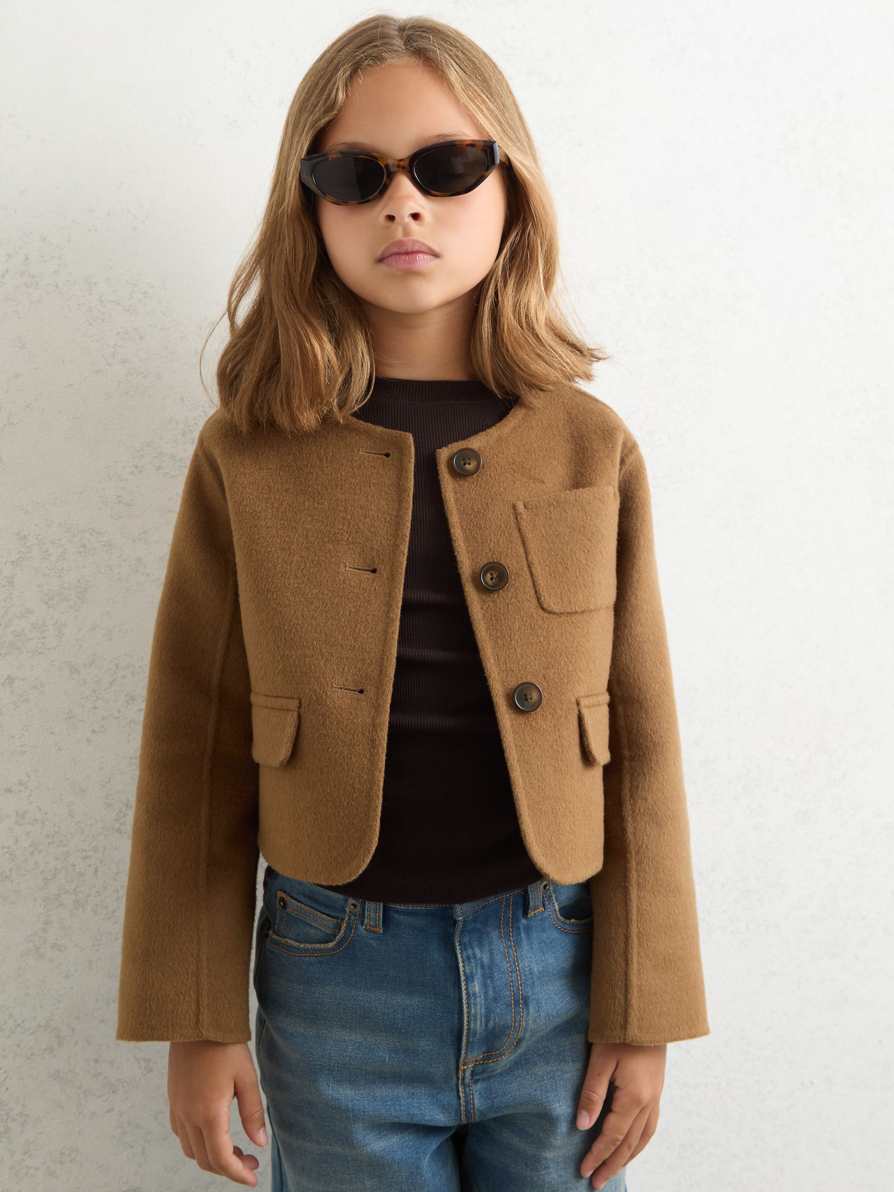 13-14 yrs Wool-Blend Cropped Collarless Jacket in Camel