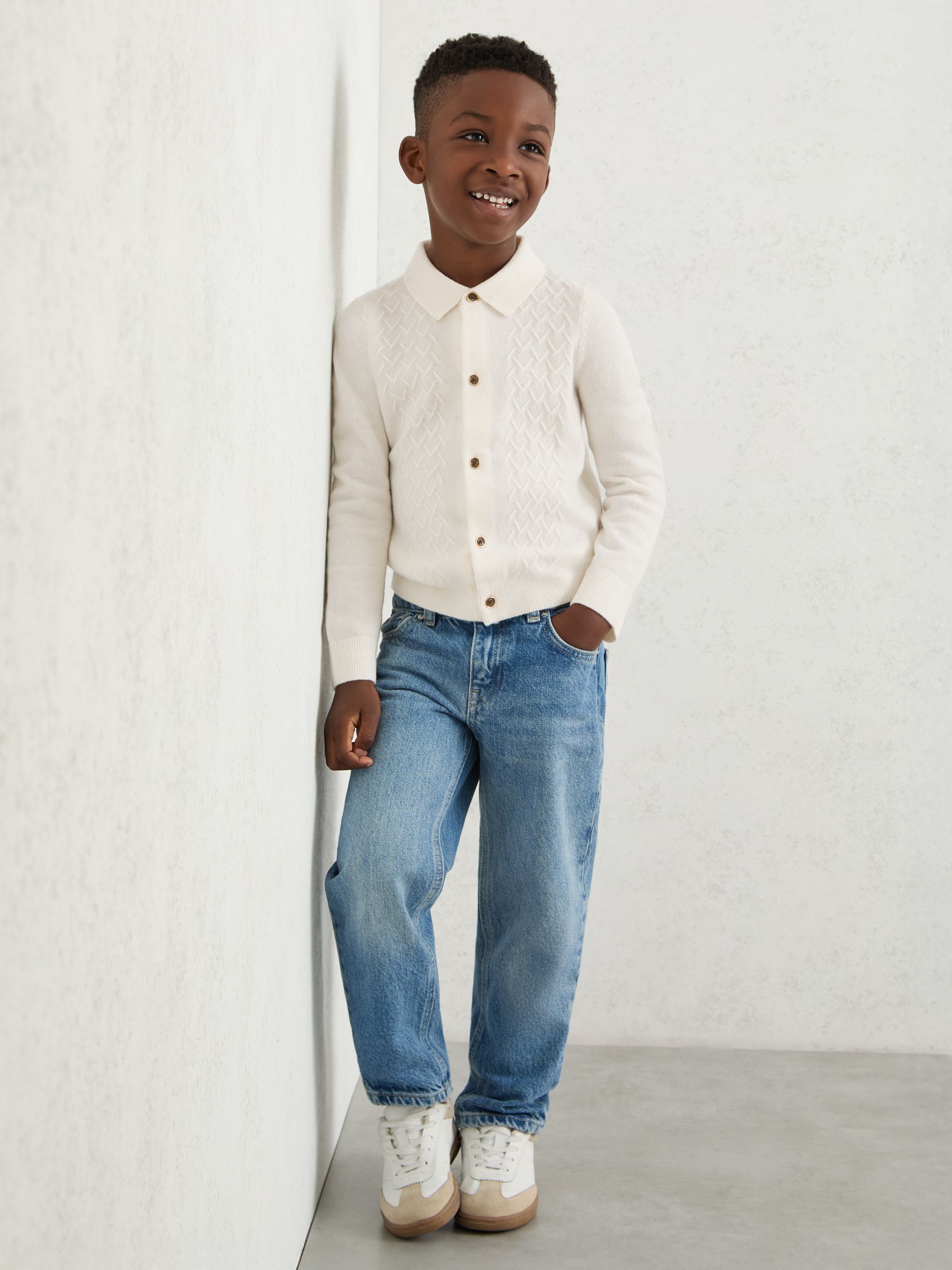 13-14 yrs Wool V-Stitch Button-Through Cardigan in Off White