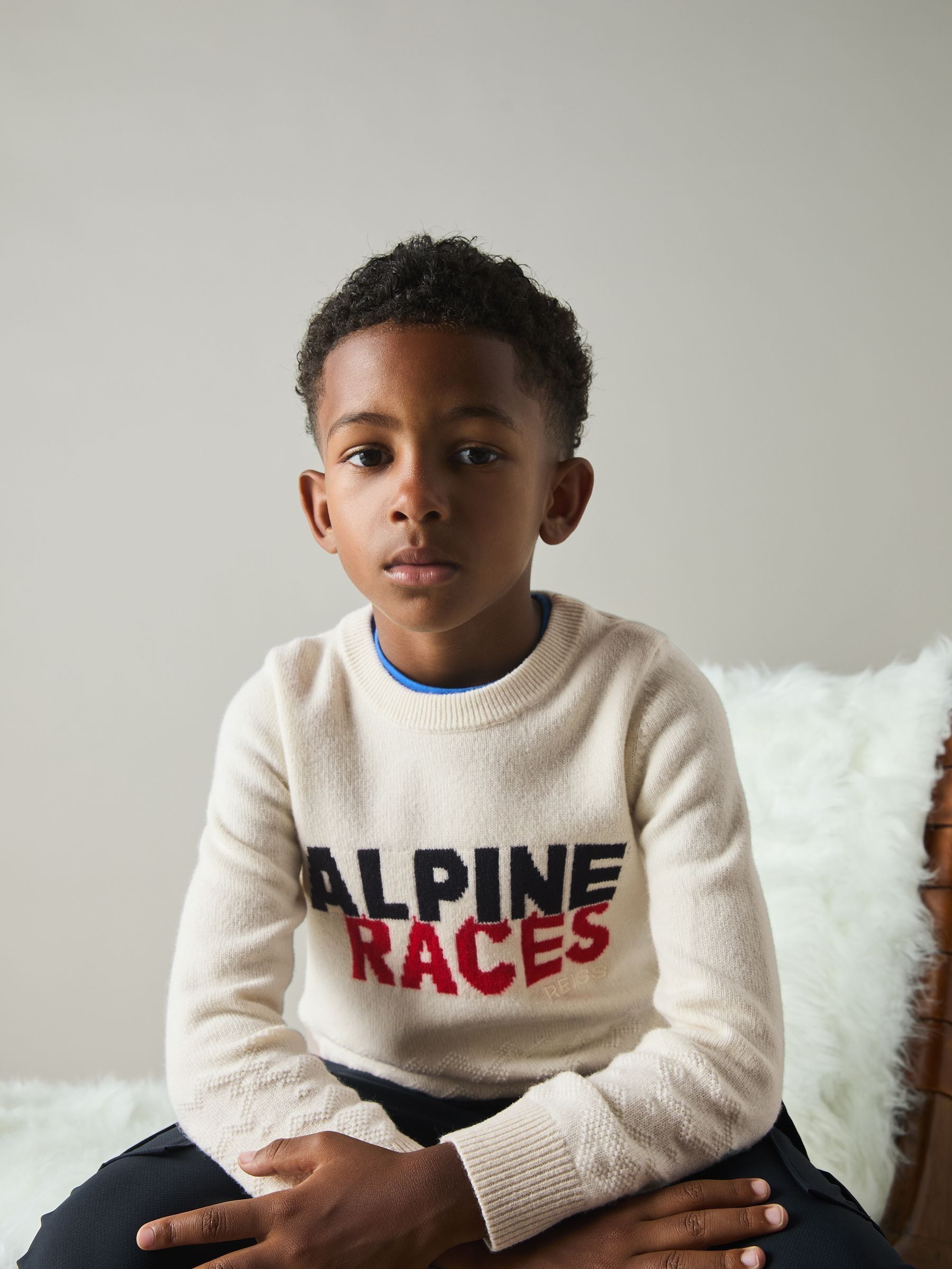 9-13 yrs Wool-Blend Alpine Race-Intarsia Jumper in Off White