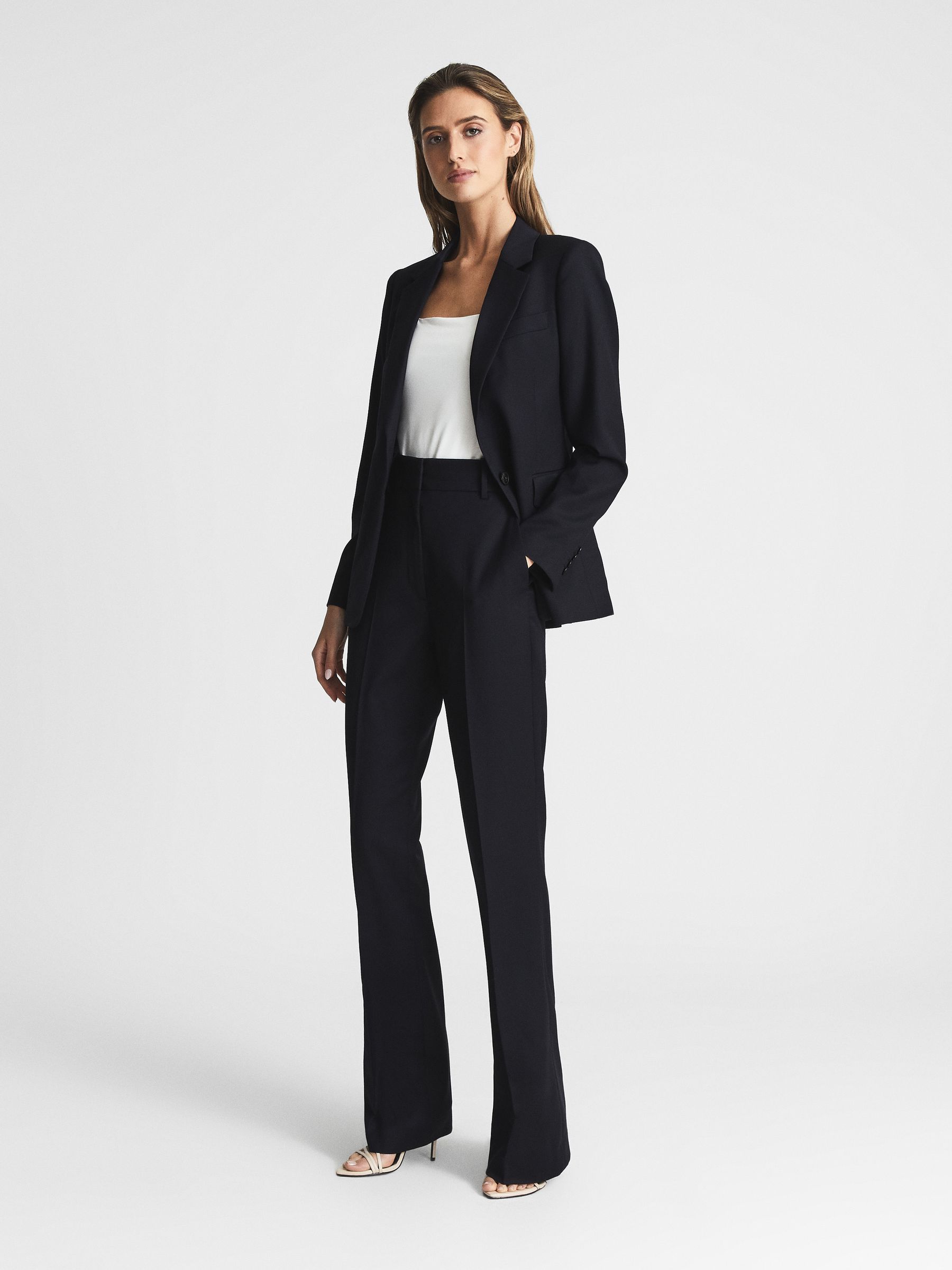 Wool-Blend Tailored Flared Suit Trousers in Navy