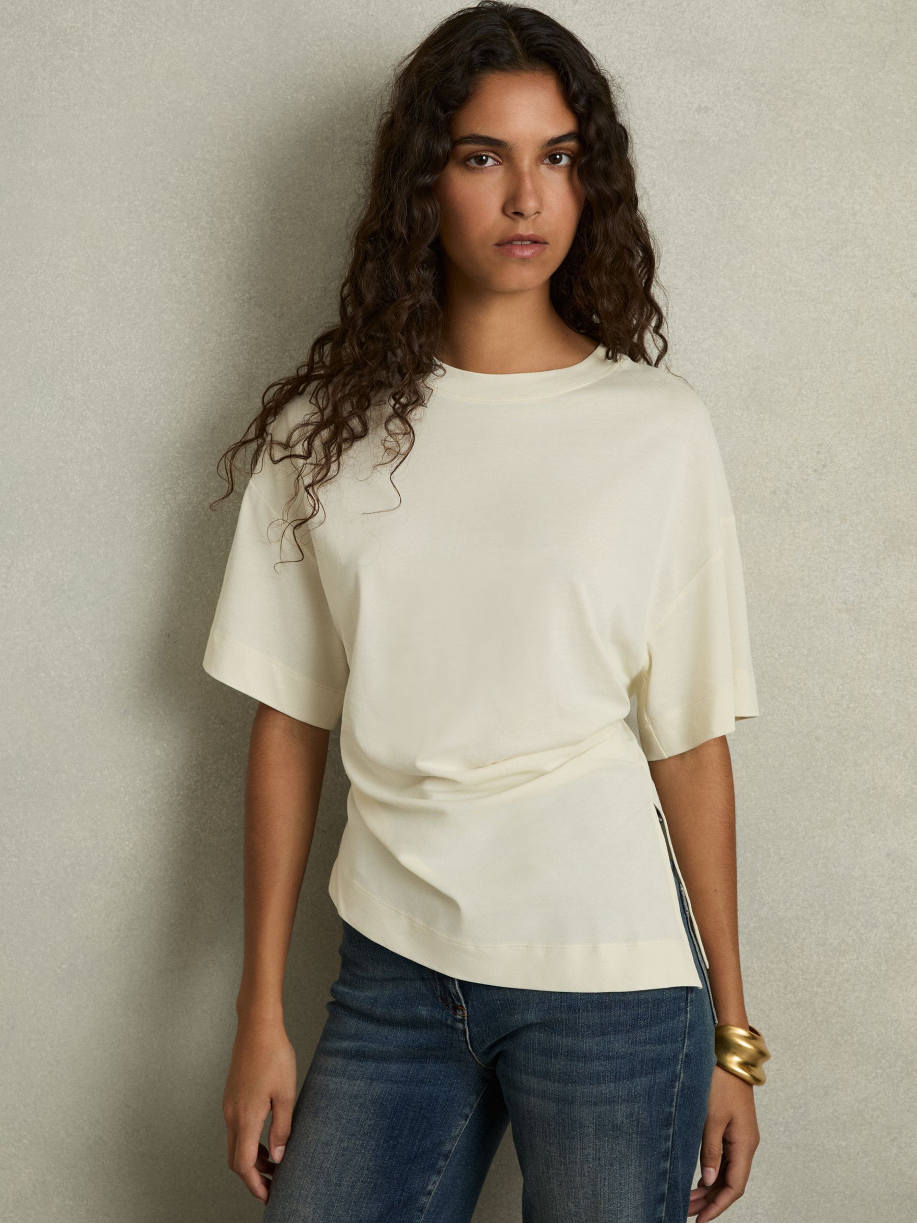 Draped Crew-Neck T-Shirt With Cotton in Ivory