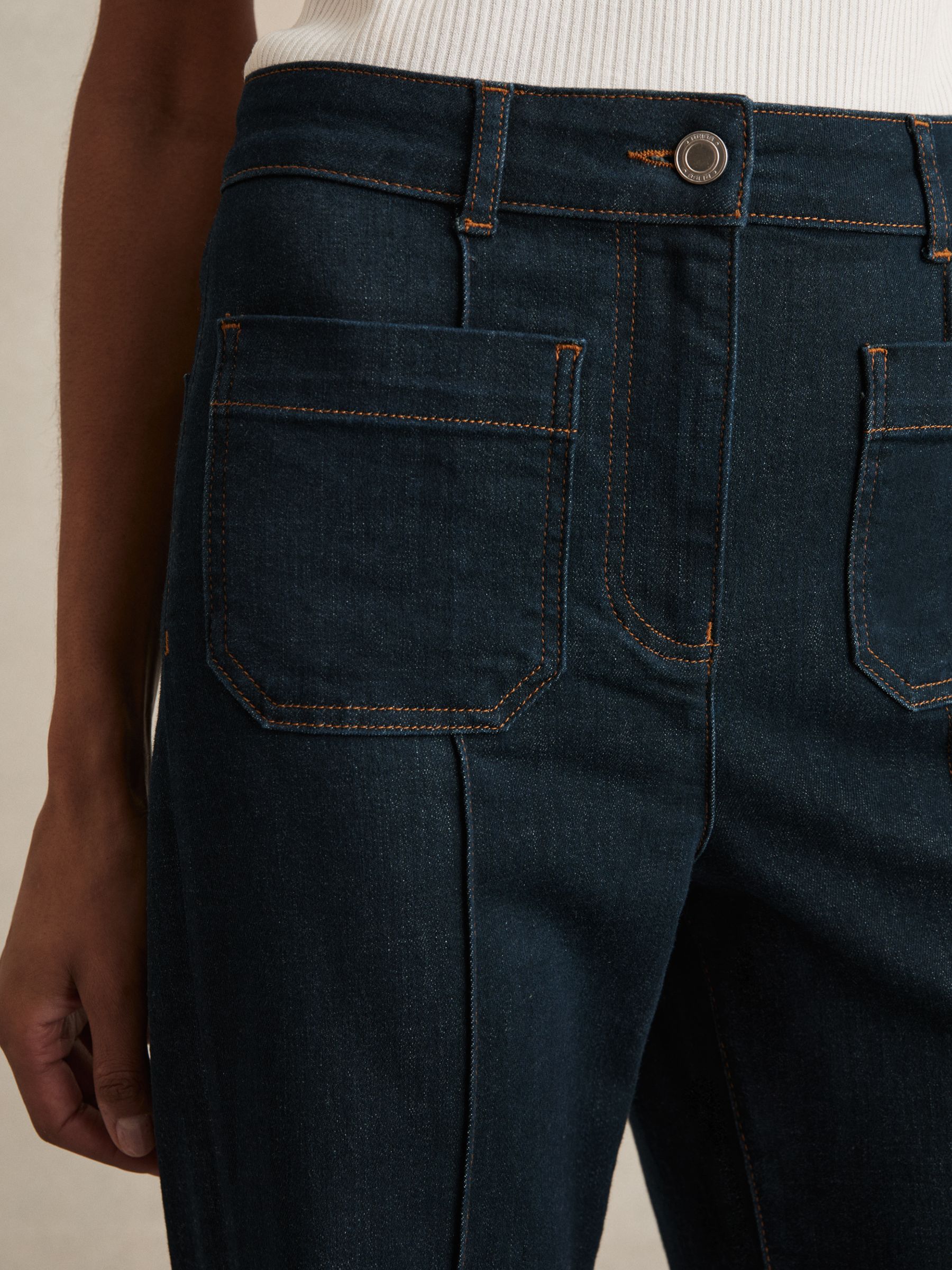Petite Patch-Pocket Flared Jeans in Dark Blue