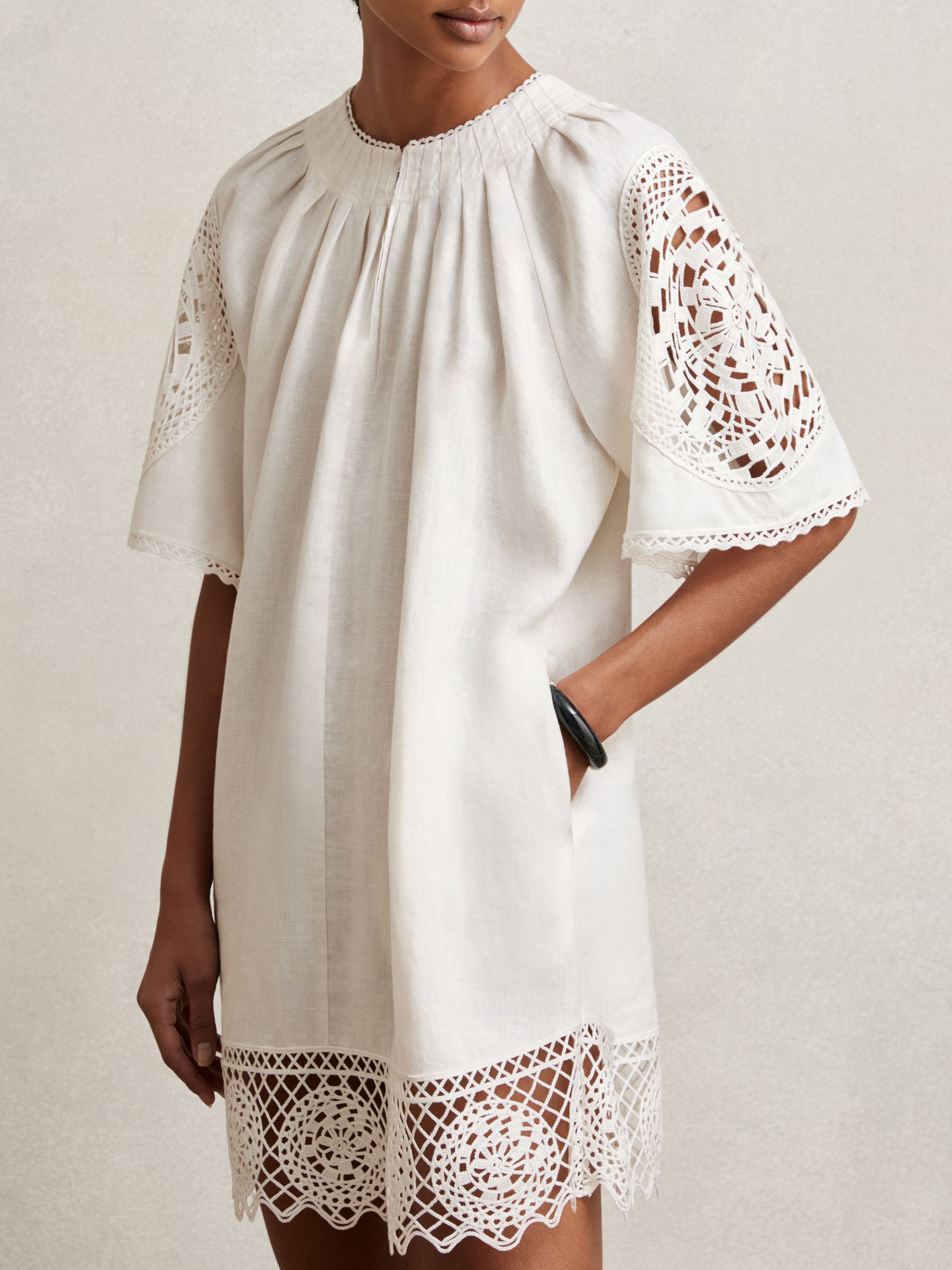 Linen Embroidered Shift Dress in Ivory
