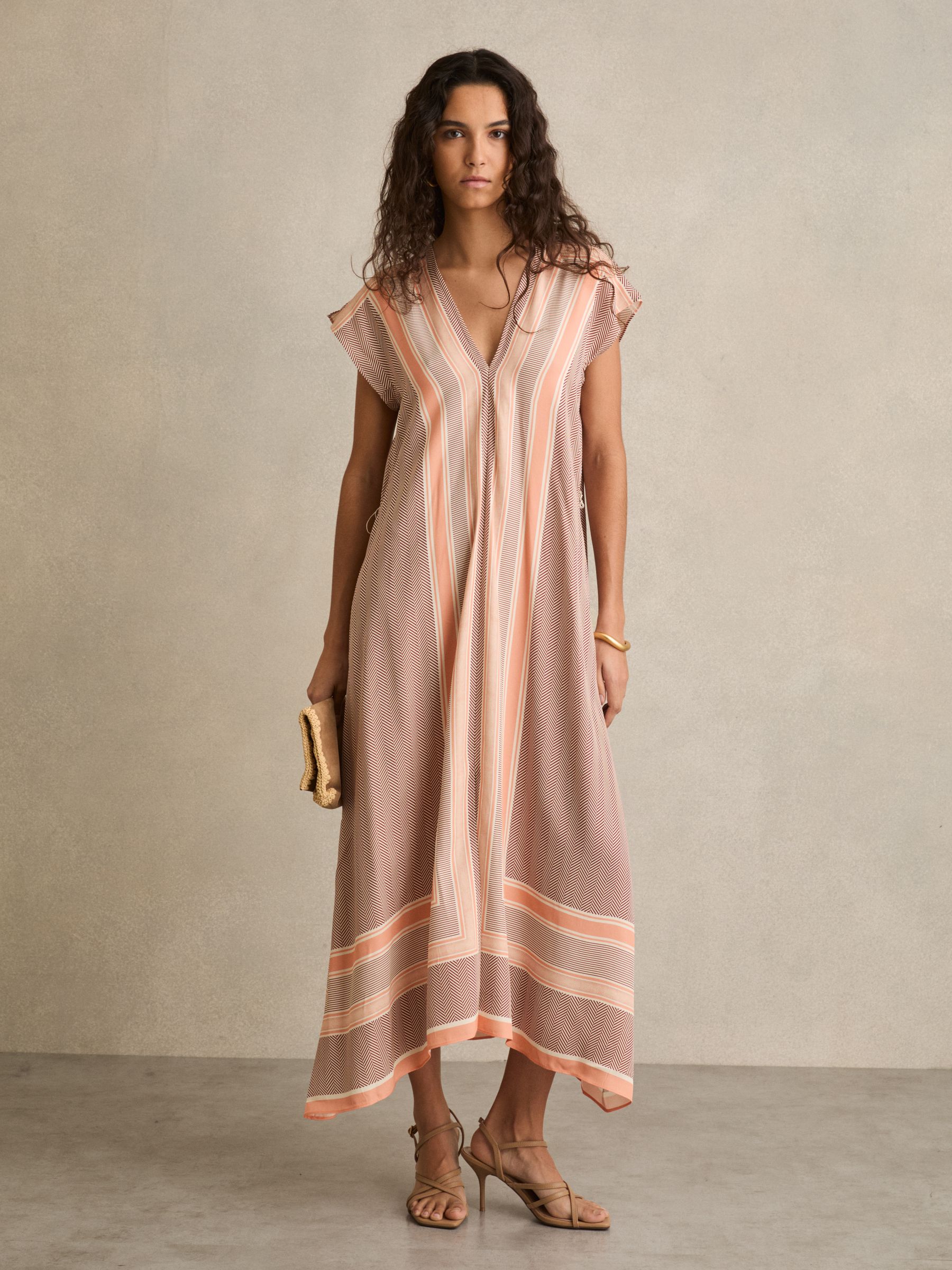Scarf Print Belted Midi Dress in Coral