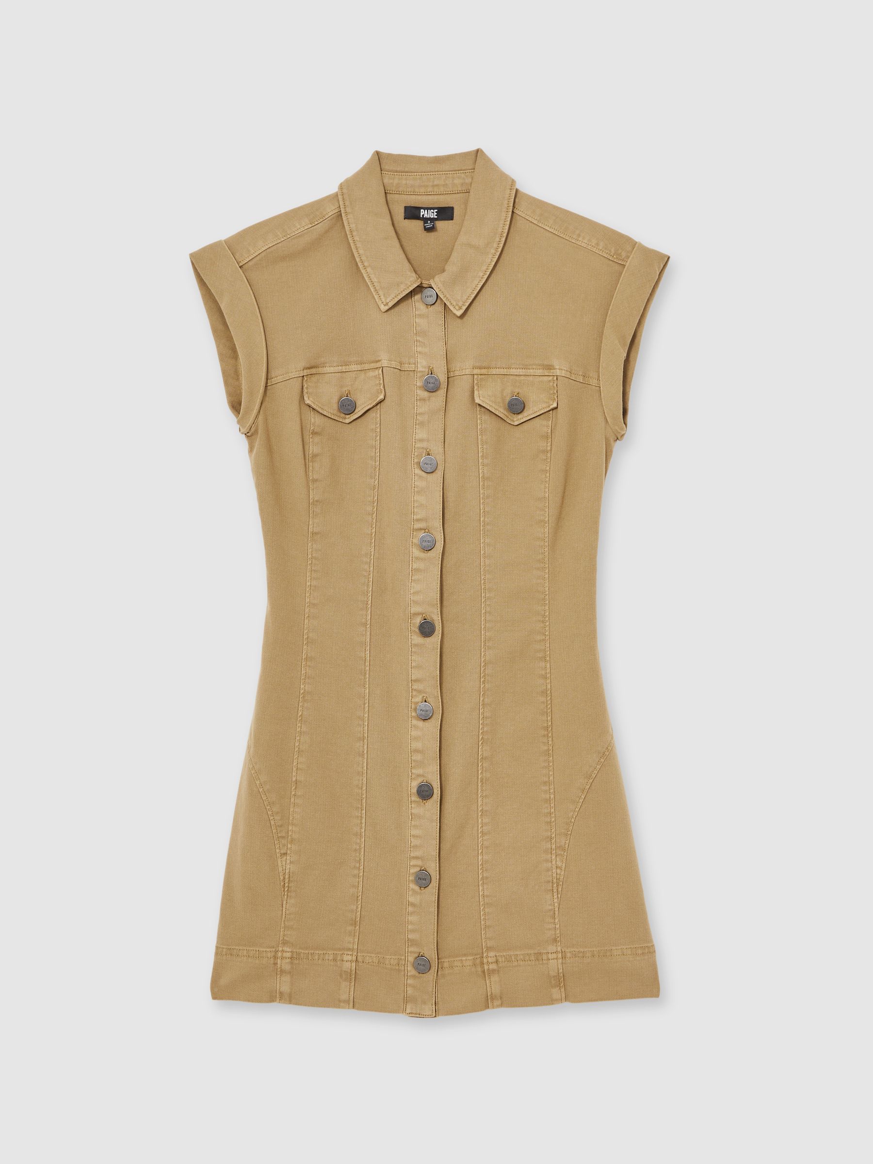 Paige Fern Beige Denim Button Through Mini Dress in Fern Beige