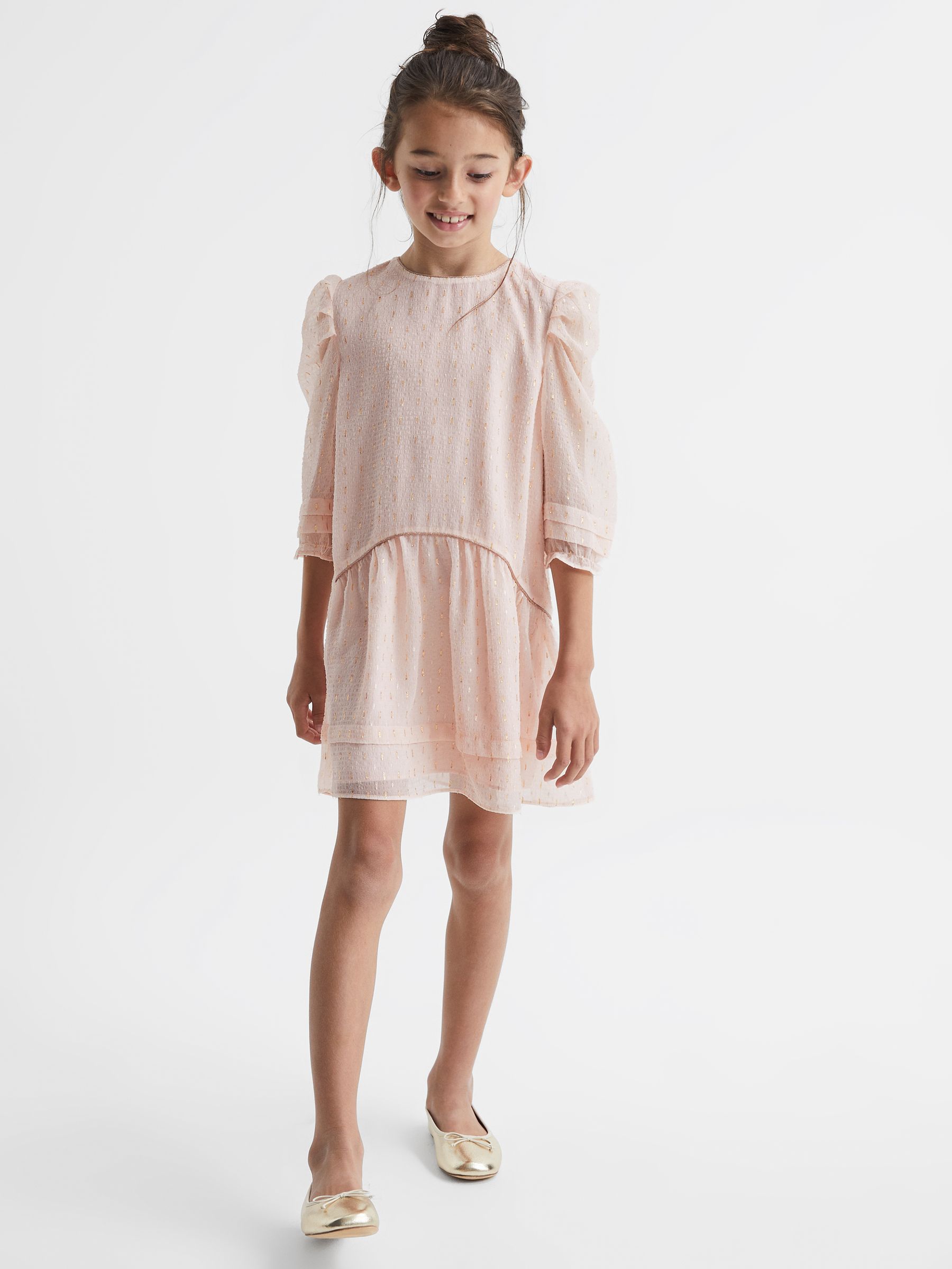 9-12 yrs Ruched Shoulder Metallic Detail Dress in Pink