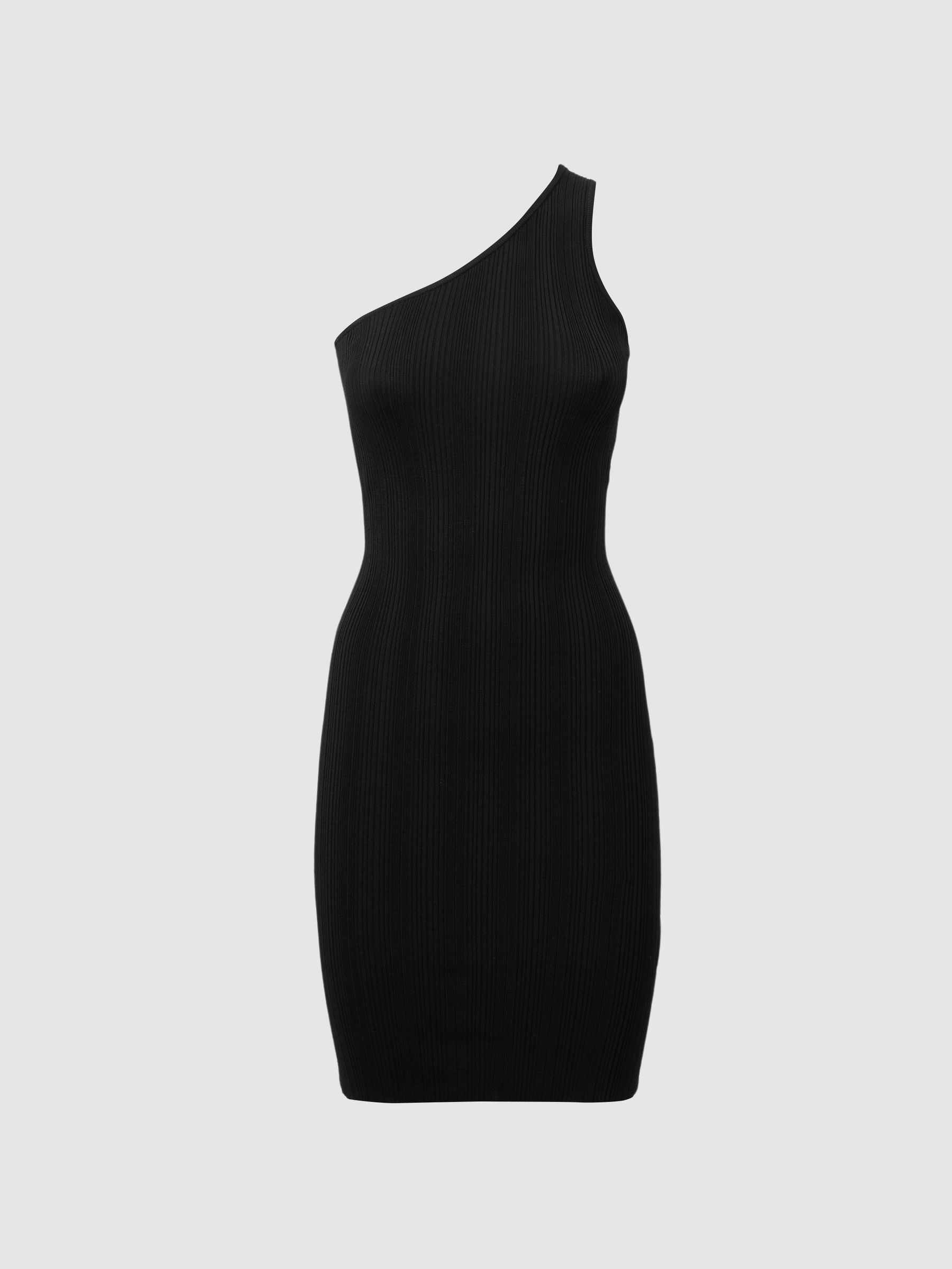 One-Shoulder Plisse Mini Dres in Black