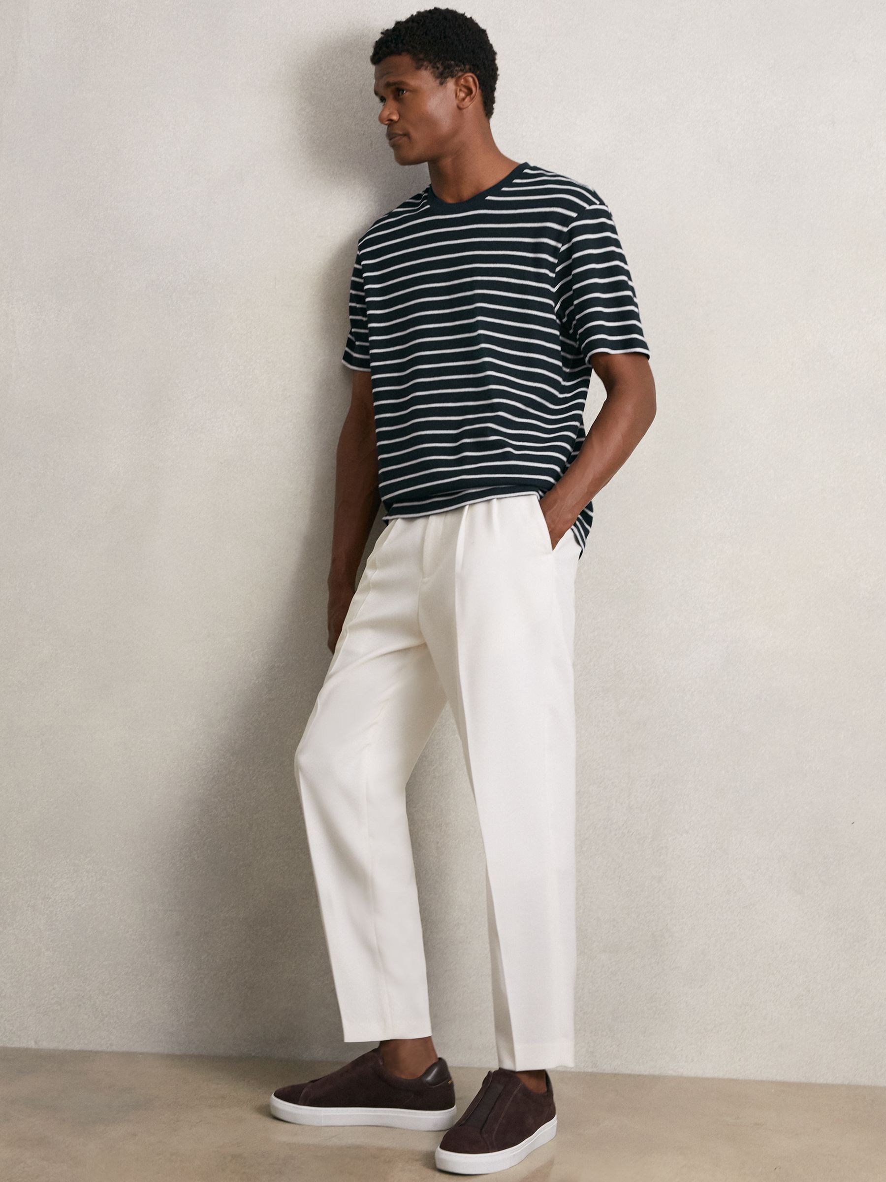 Cotton Textured Stripe T-Shirt in White/Navy