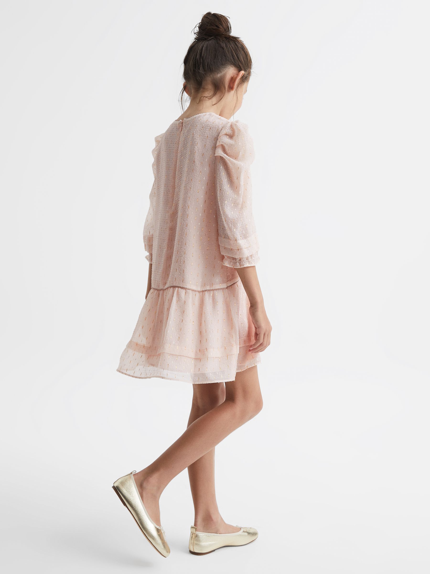 9-12 yrs Ruched Shoulder Metallic Detail Dress in Pink