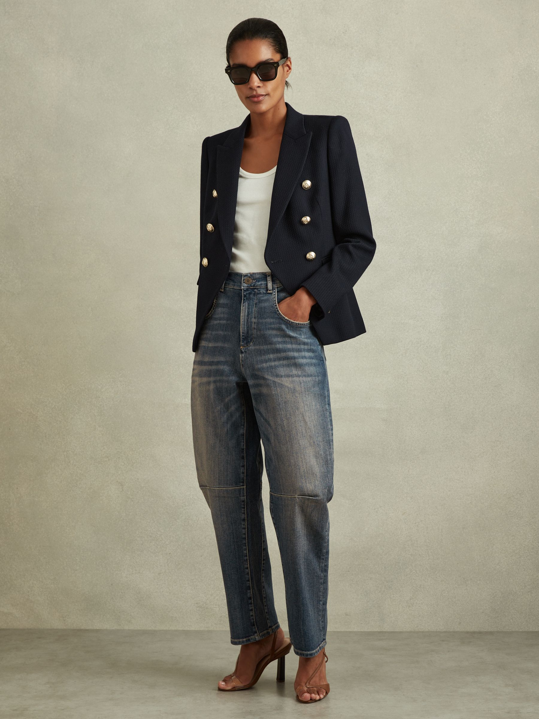 Petite Barrel-Leg Dart Jeans in Mid Blue