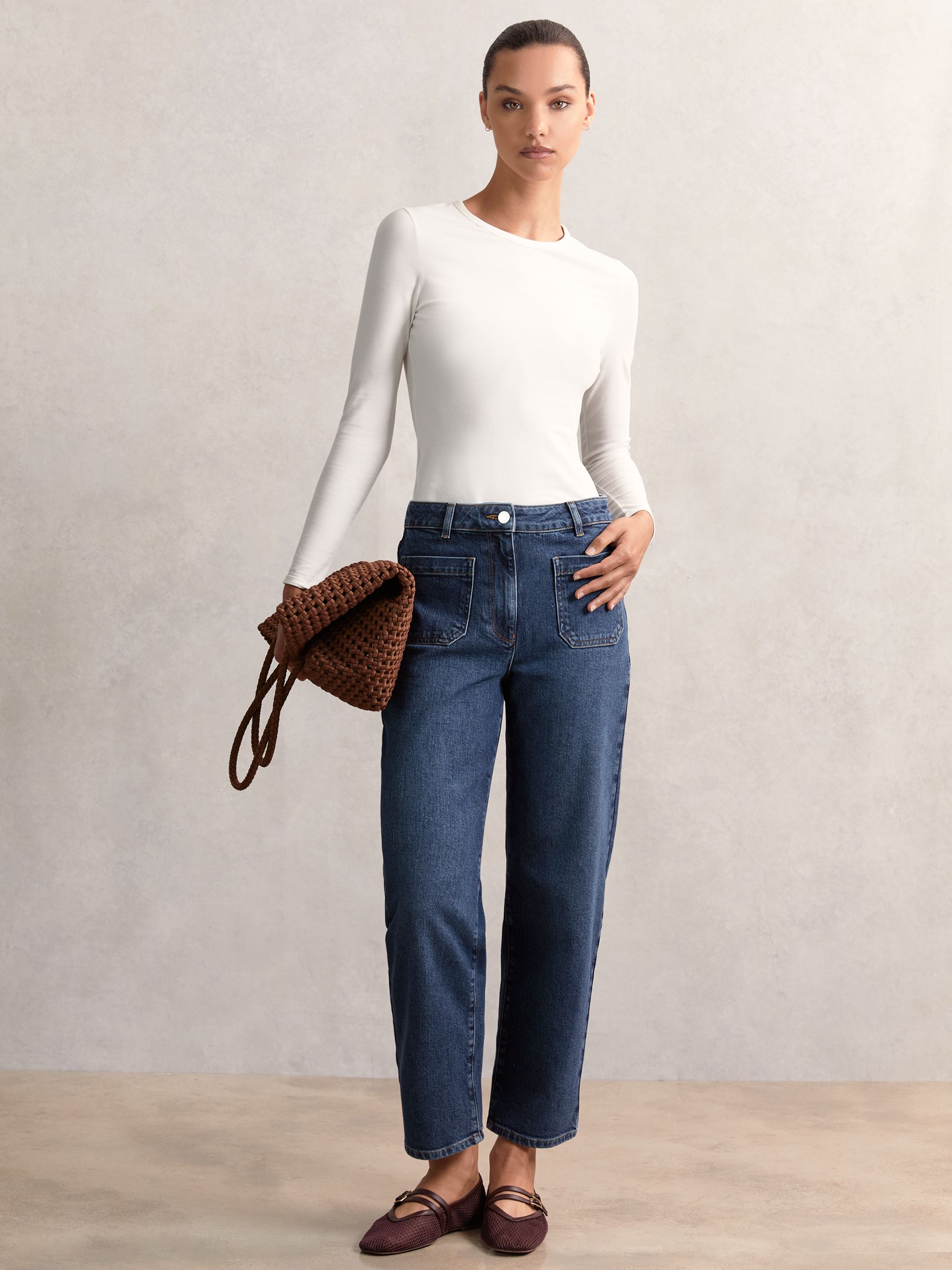 Straight Leg Patch Pocket Jeans in Mid Blue