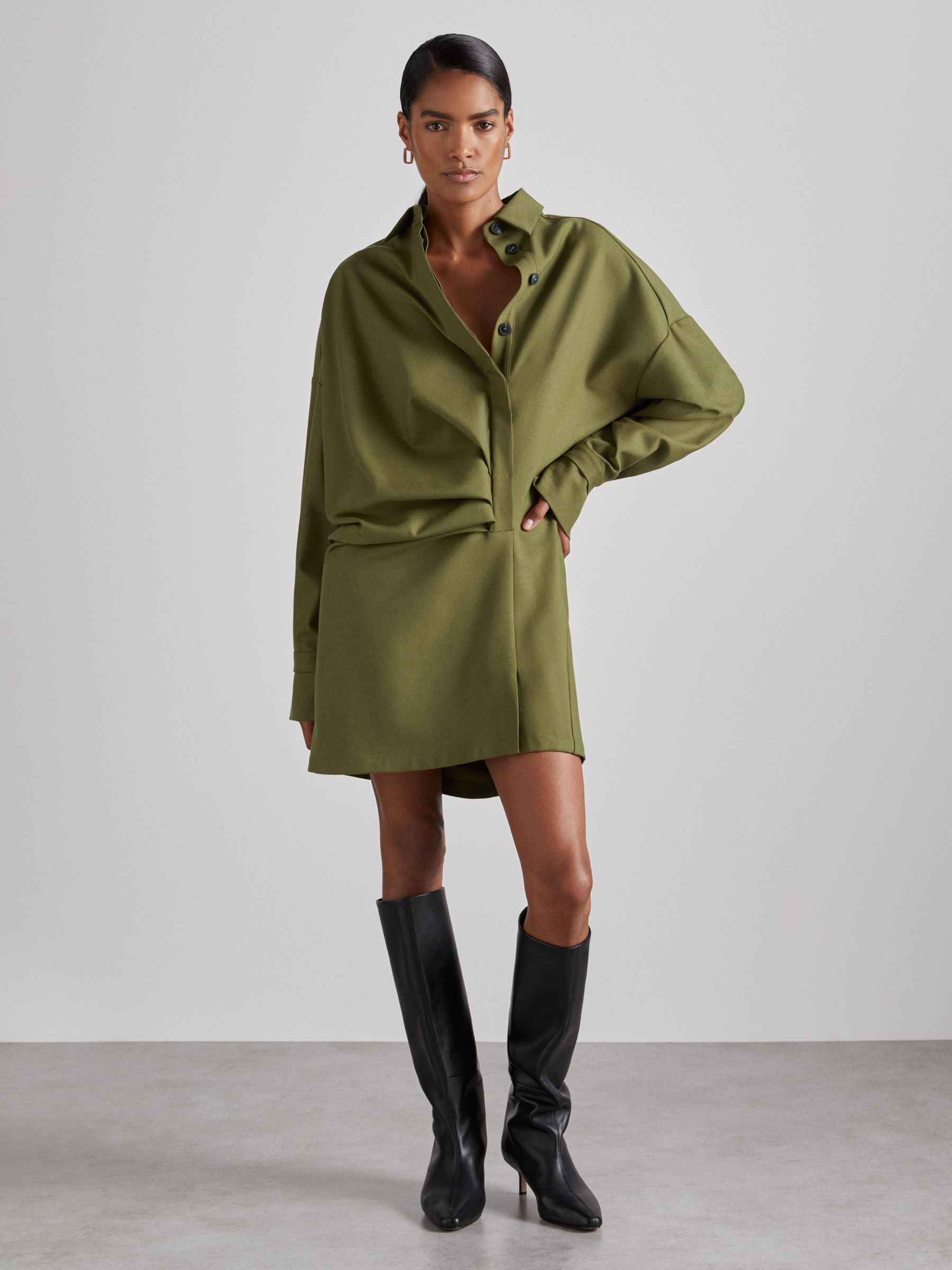 Atelier Draped Shirt Dress with Wool in Khaki