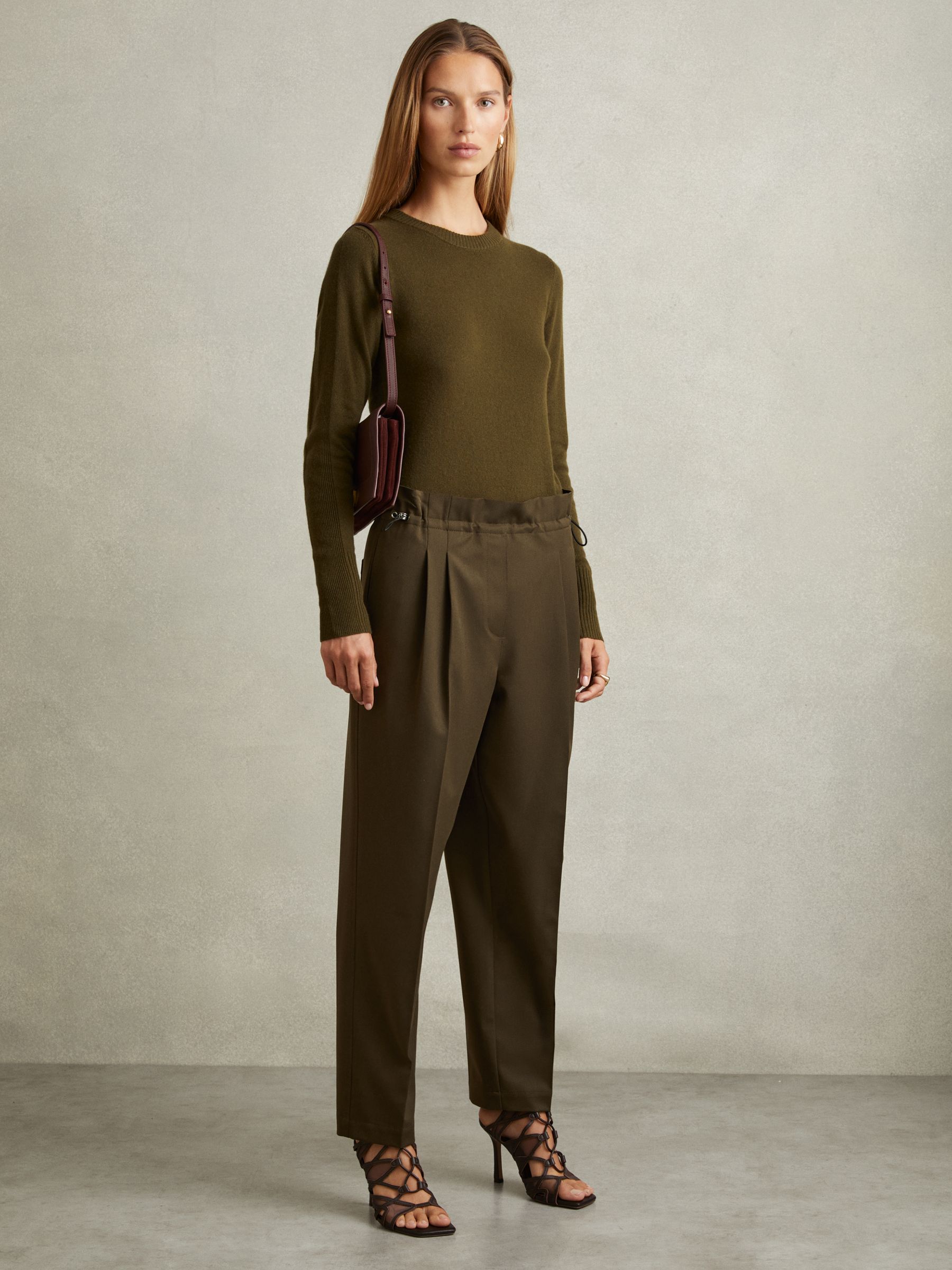 Drawstring Waist Tapered Trousers in Khaki