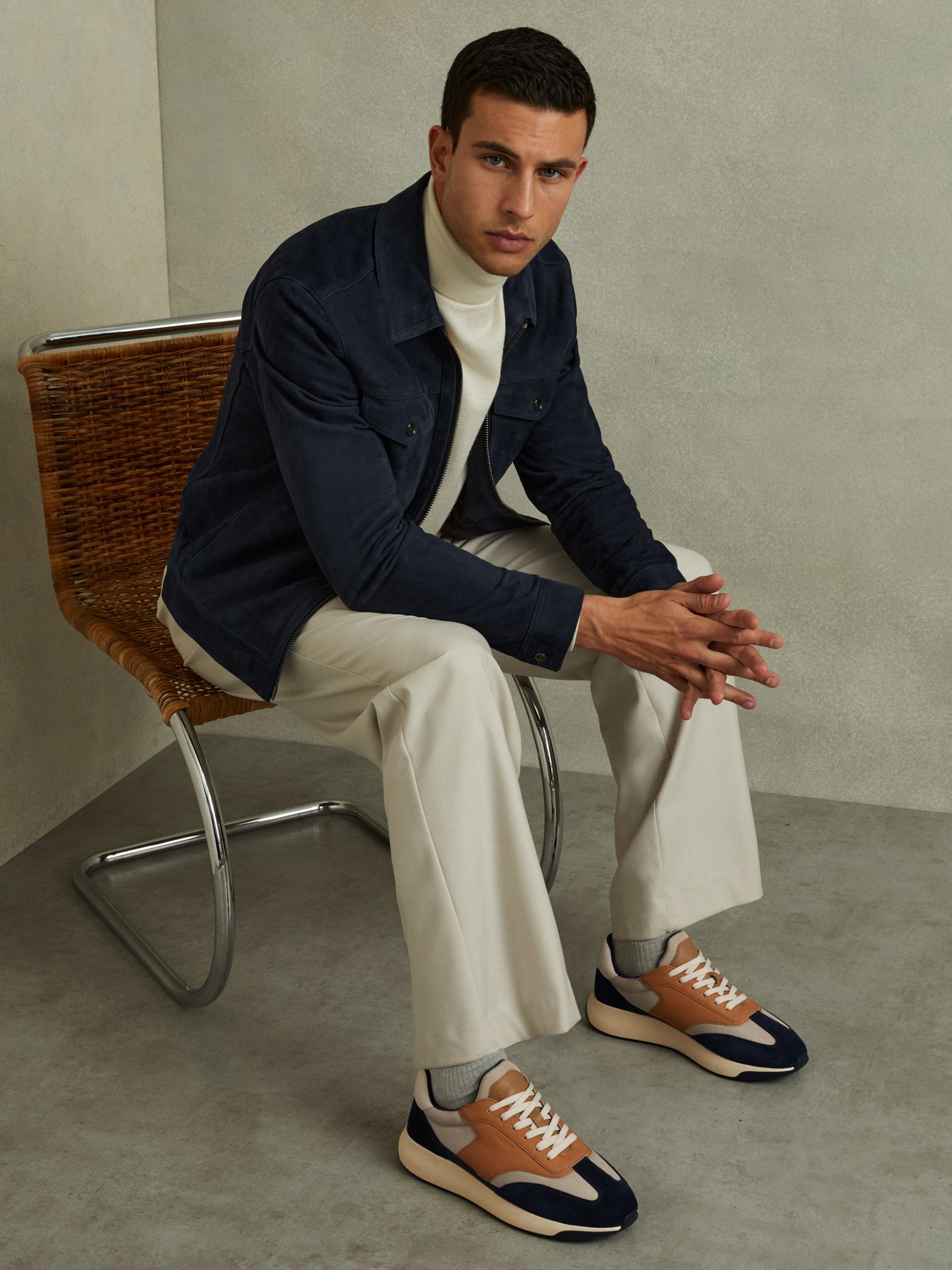 Leather Suede Running Trainers in Navy/Camel