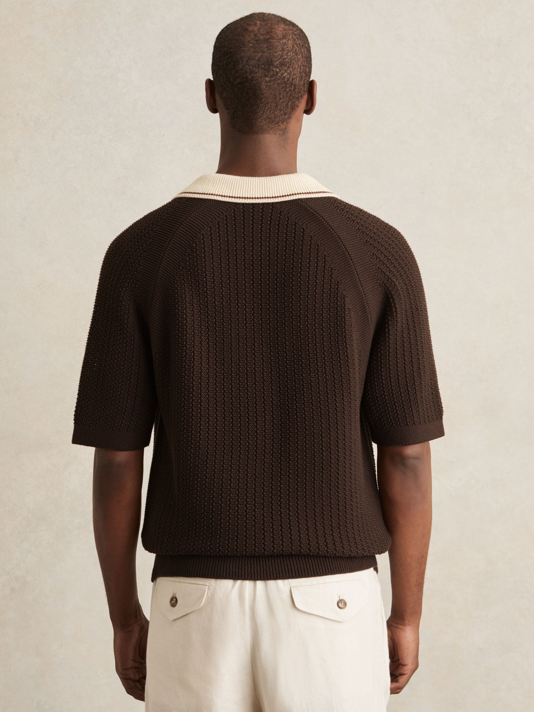 Cotton Textured Knit Contrast Polo Shirt in Dark Brown/Stone