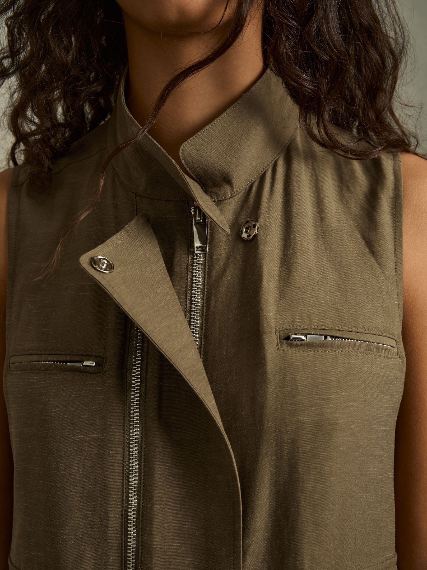 Utility Zip-Through Mini Dress With Linen in Khaki
