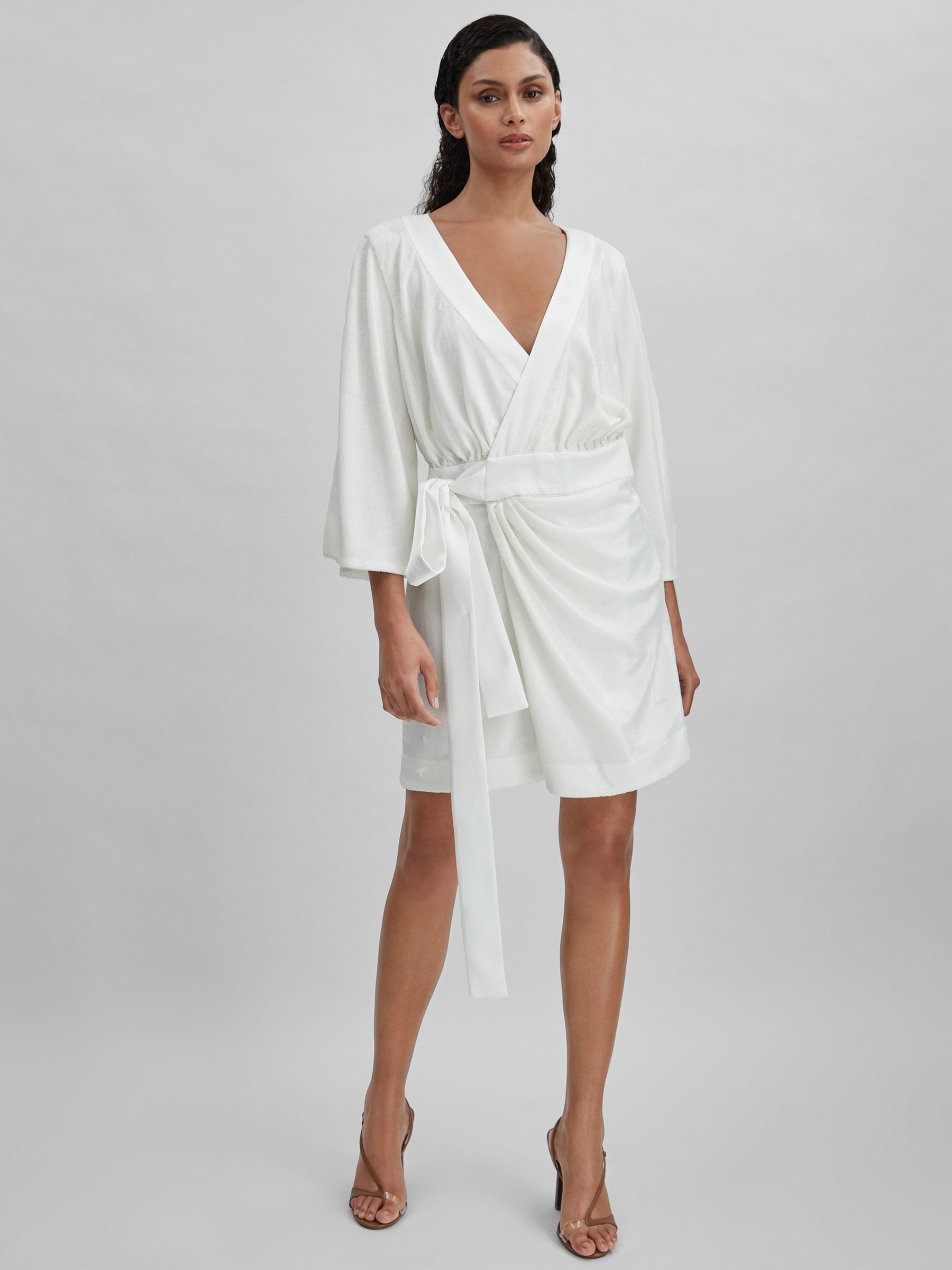 Halston Sequin Side Tie Mini Dress in Chalk