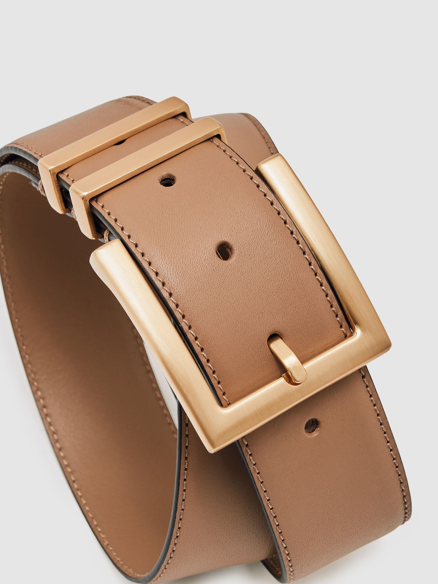 Leather Square Buckle Belt in Camel/Taupe