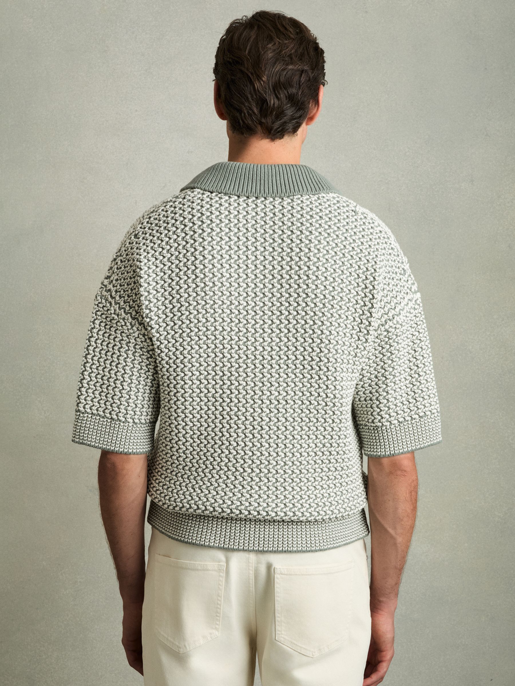 Chunky-Knit Open-Collar Polo Shirt in Sage/Off White