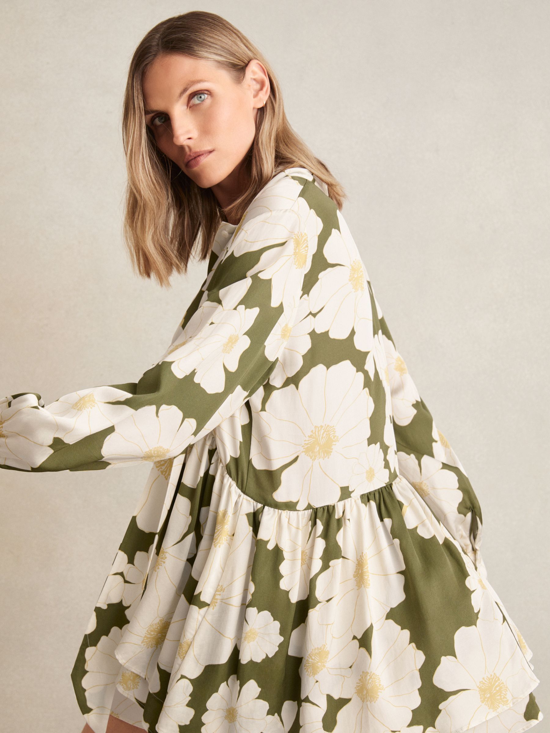 Floral Tie-Neck Swing Dress in Ivory/Green