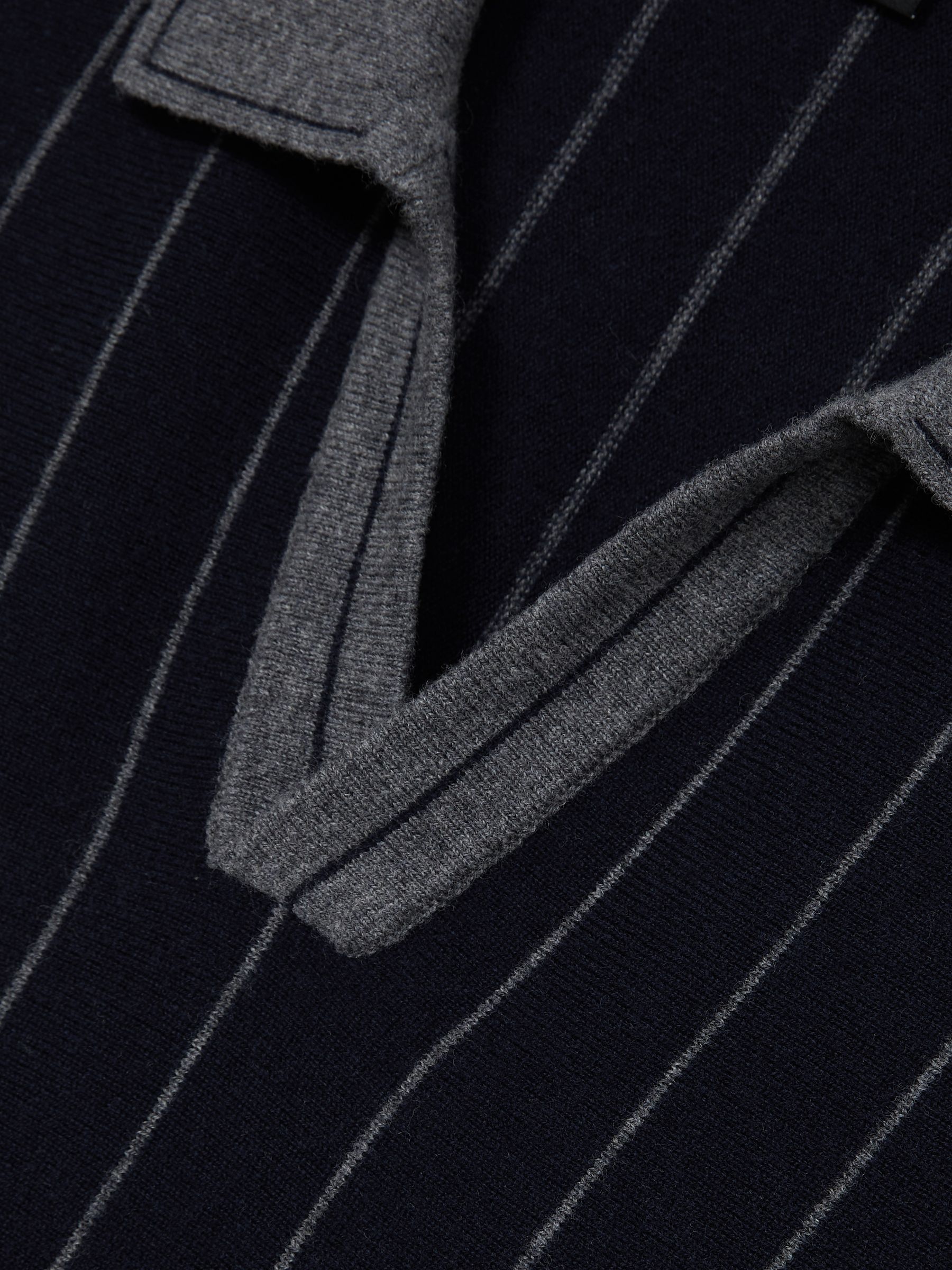 Wool Open-Collar Stripe Polo Shirt in Navy