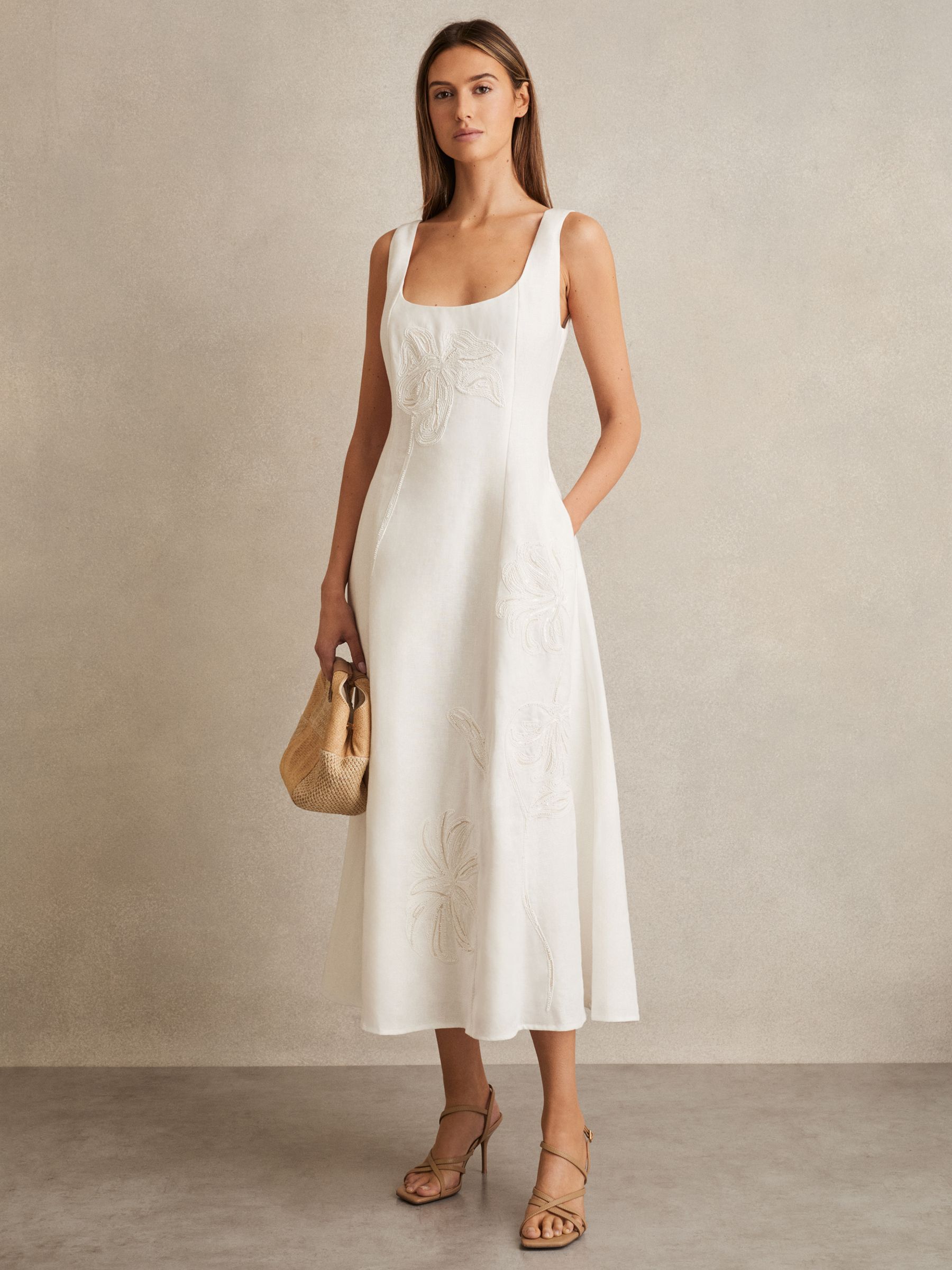 Linen Floral-Embroidered Midi Dress in Ivory