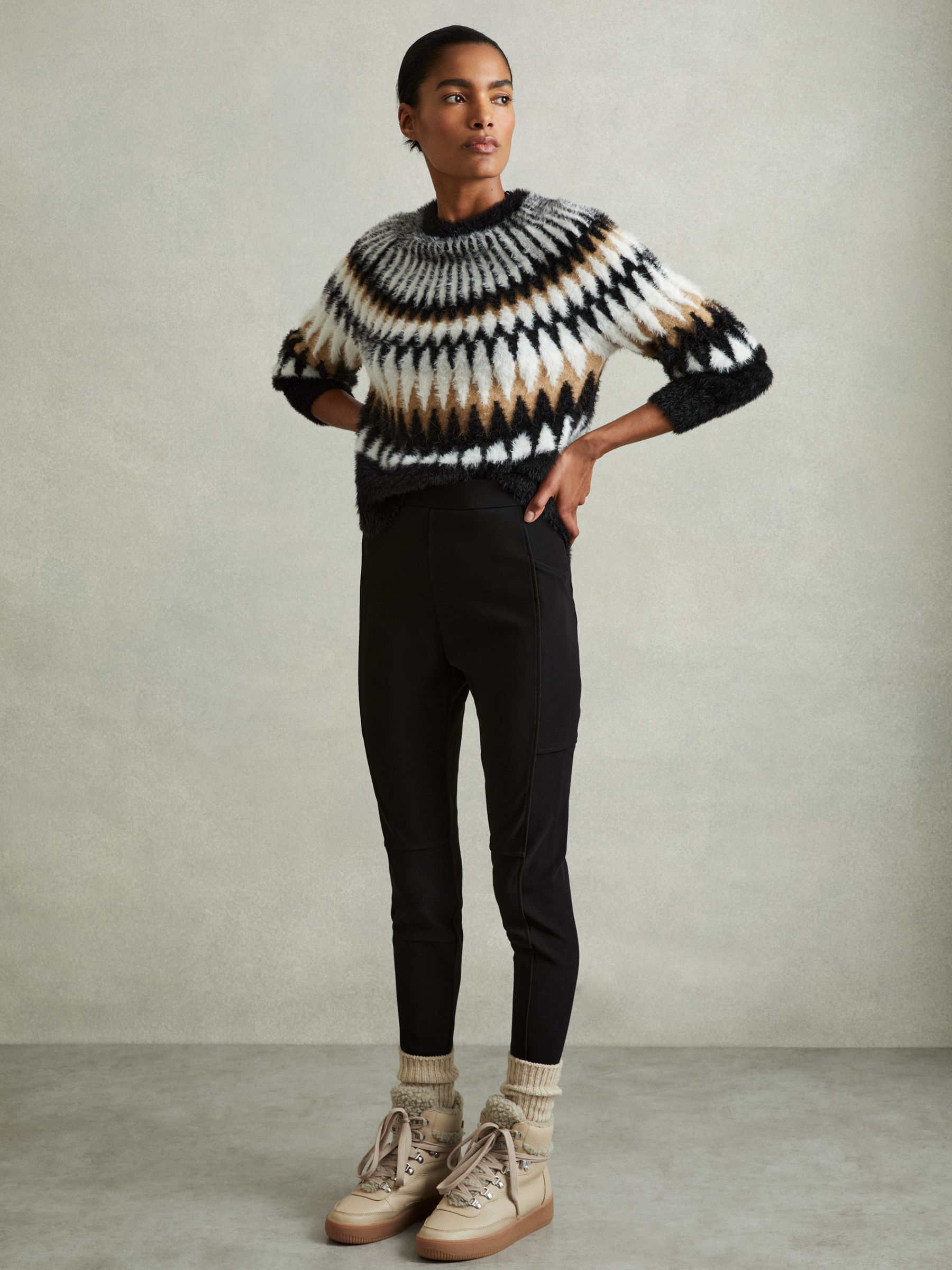 Fuzzy Fairisle Pattern Crew Neck Jumper in Black/Camel