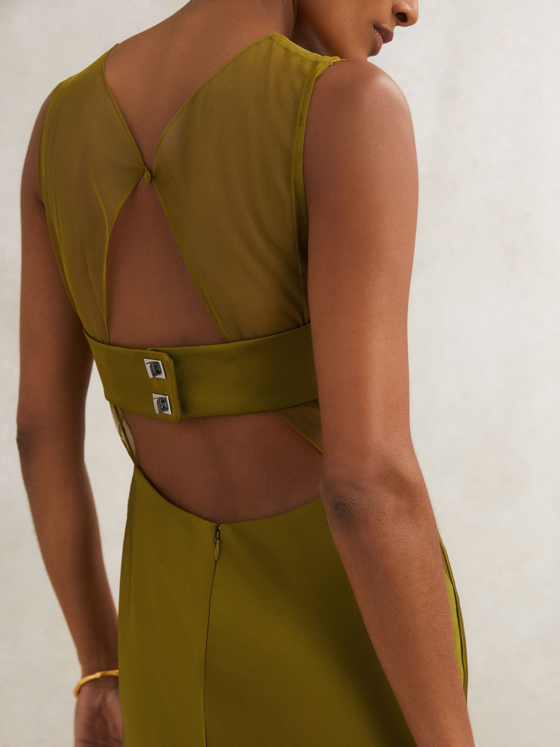 Atelier Satin Sheer-Panel Maxi Dress in Green