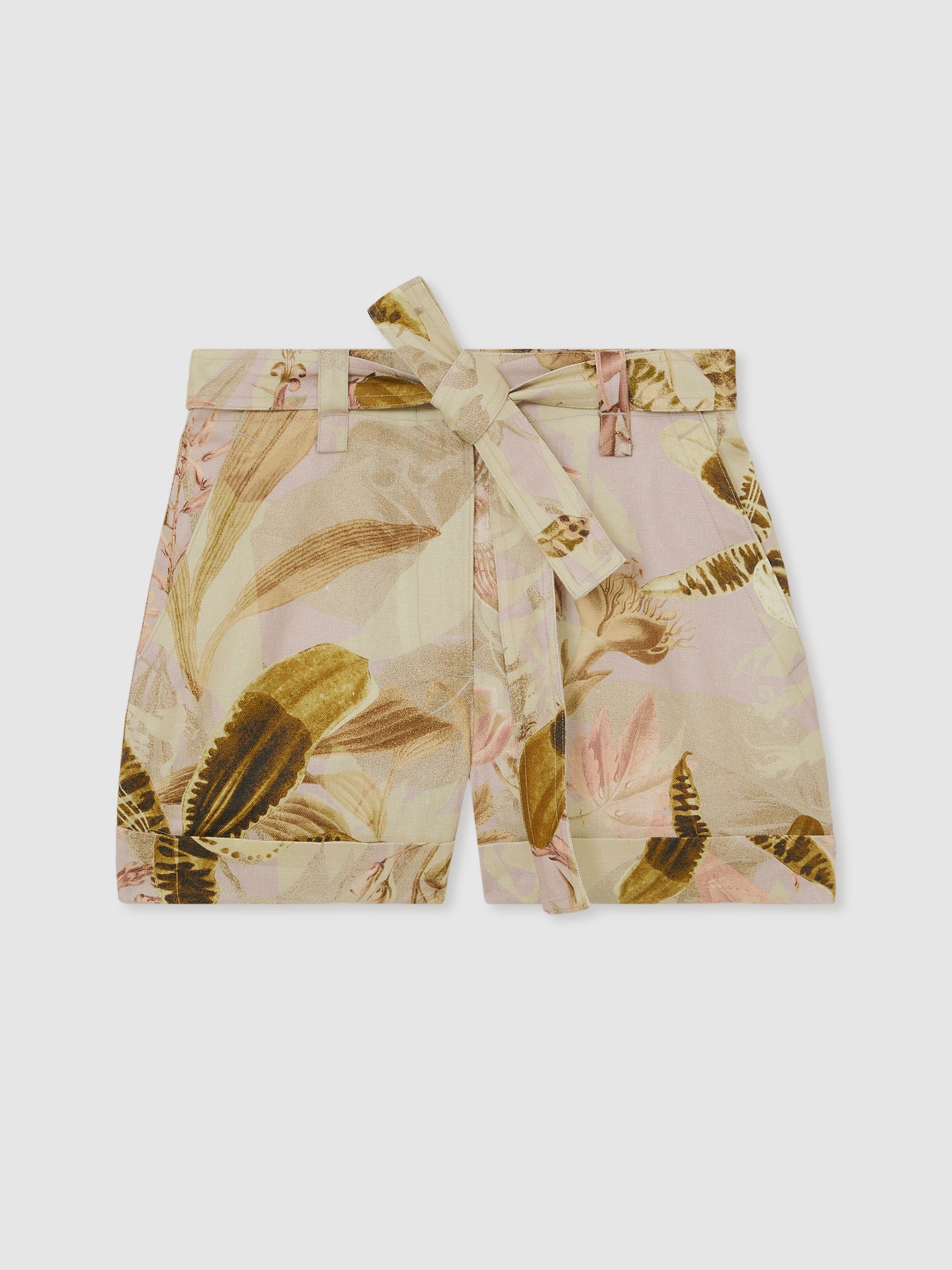 Reiss | NYBG Linen Floral-Print Shorts in Light Khaki