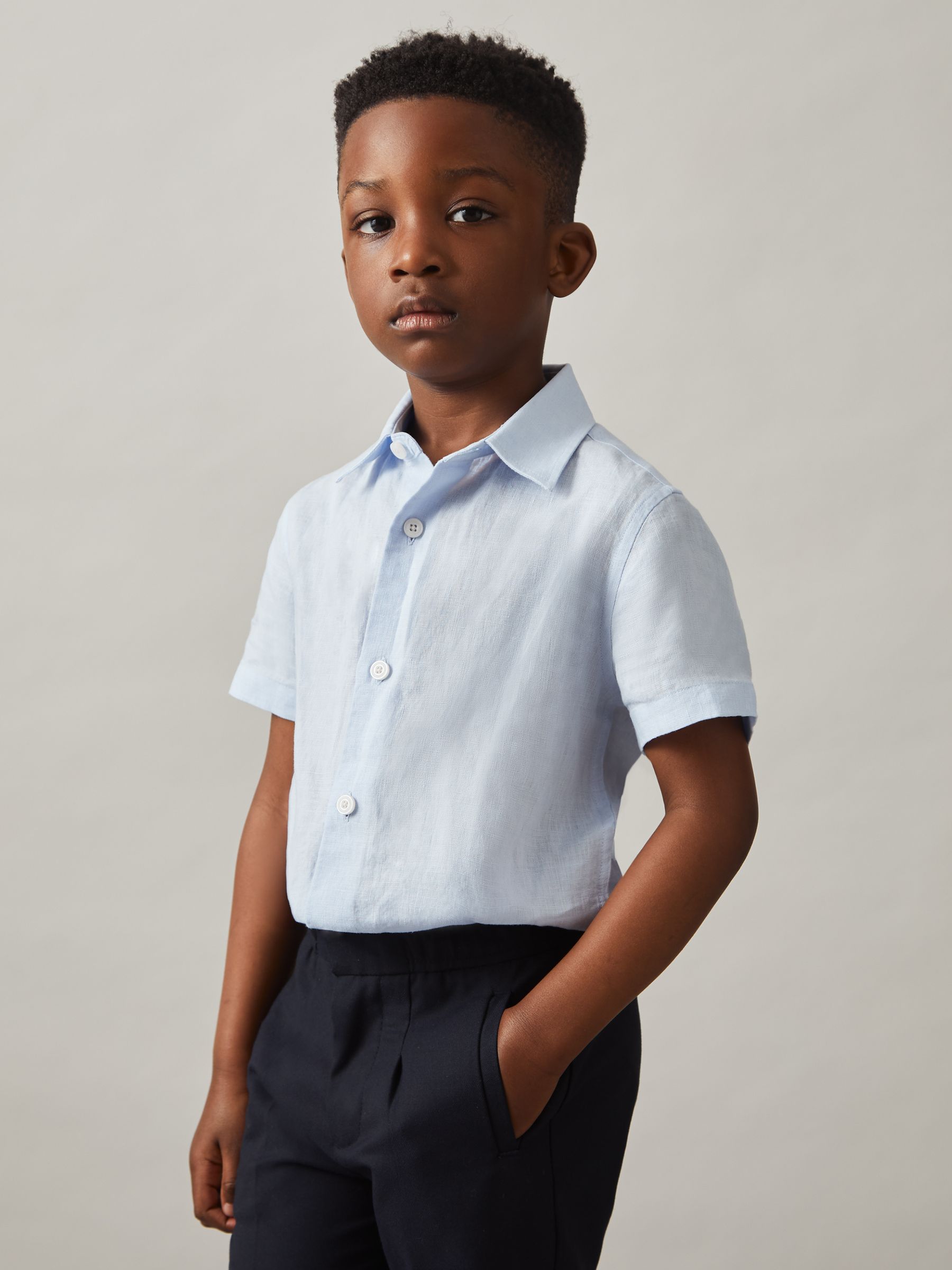 9-13 yrs Linen Short-Sleeve Shirt in Pale Blue