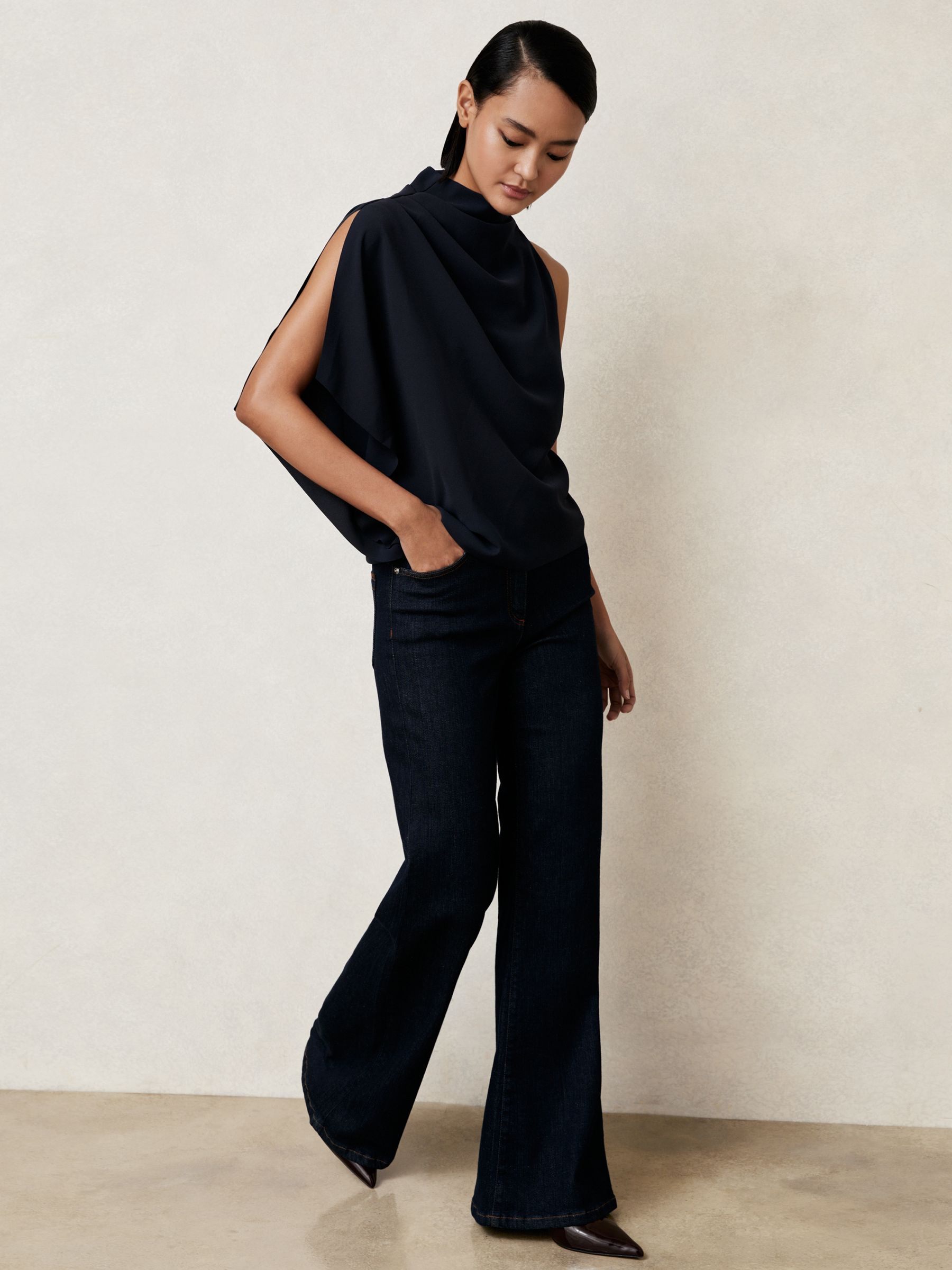 One-Shoulder Draped Top in Navy