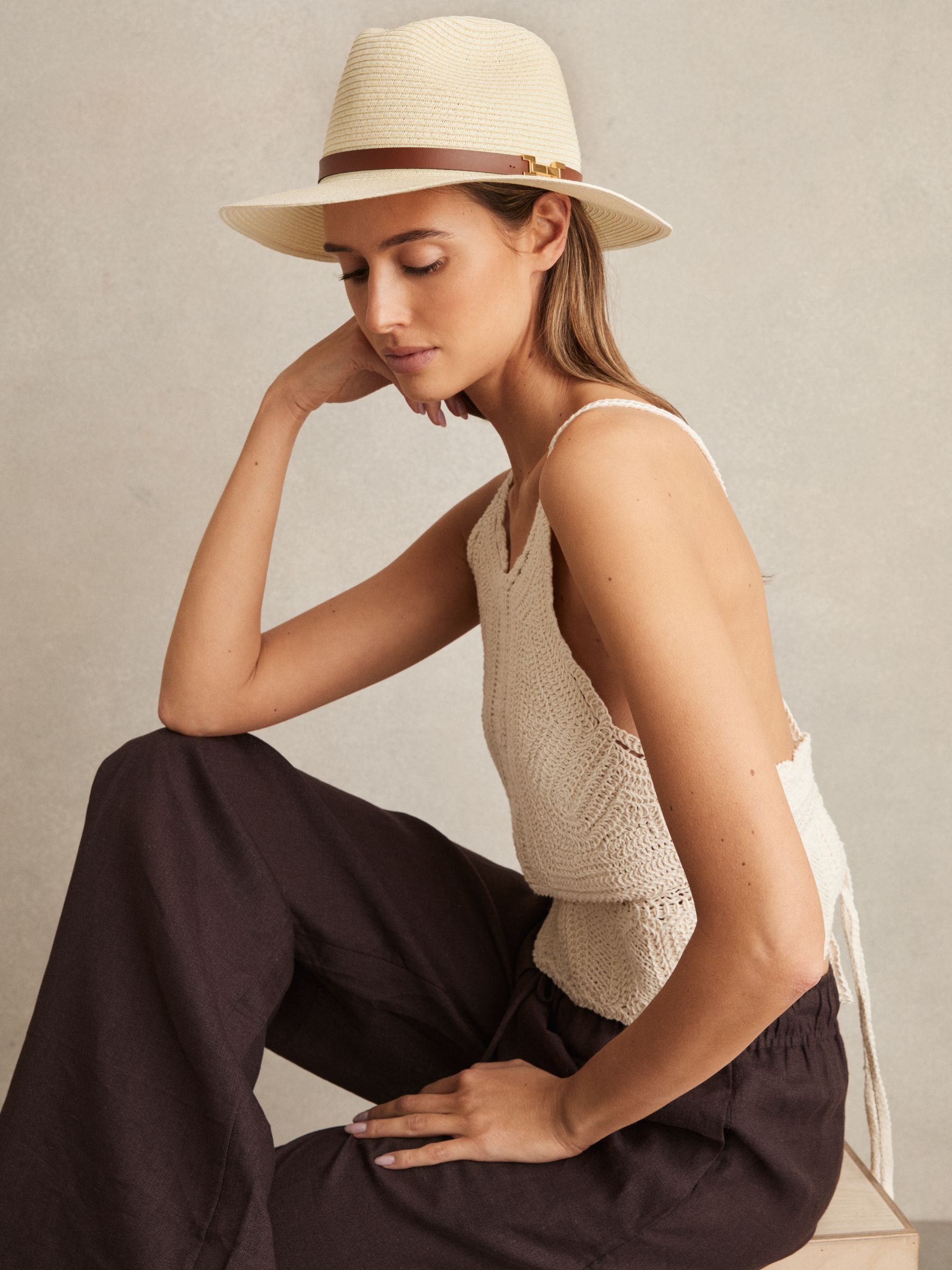 Faux Leather Trim Woven Hat in Natural
