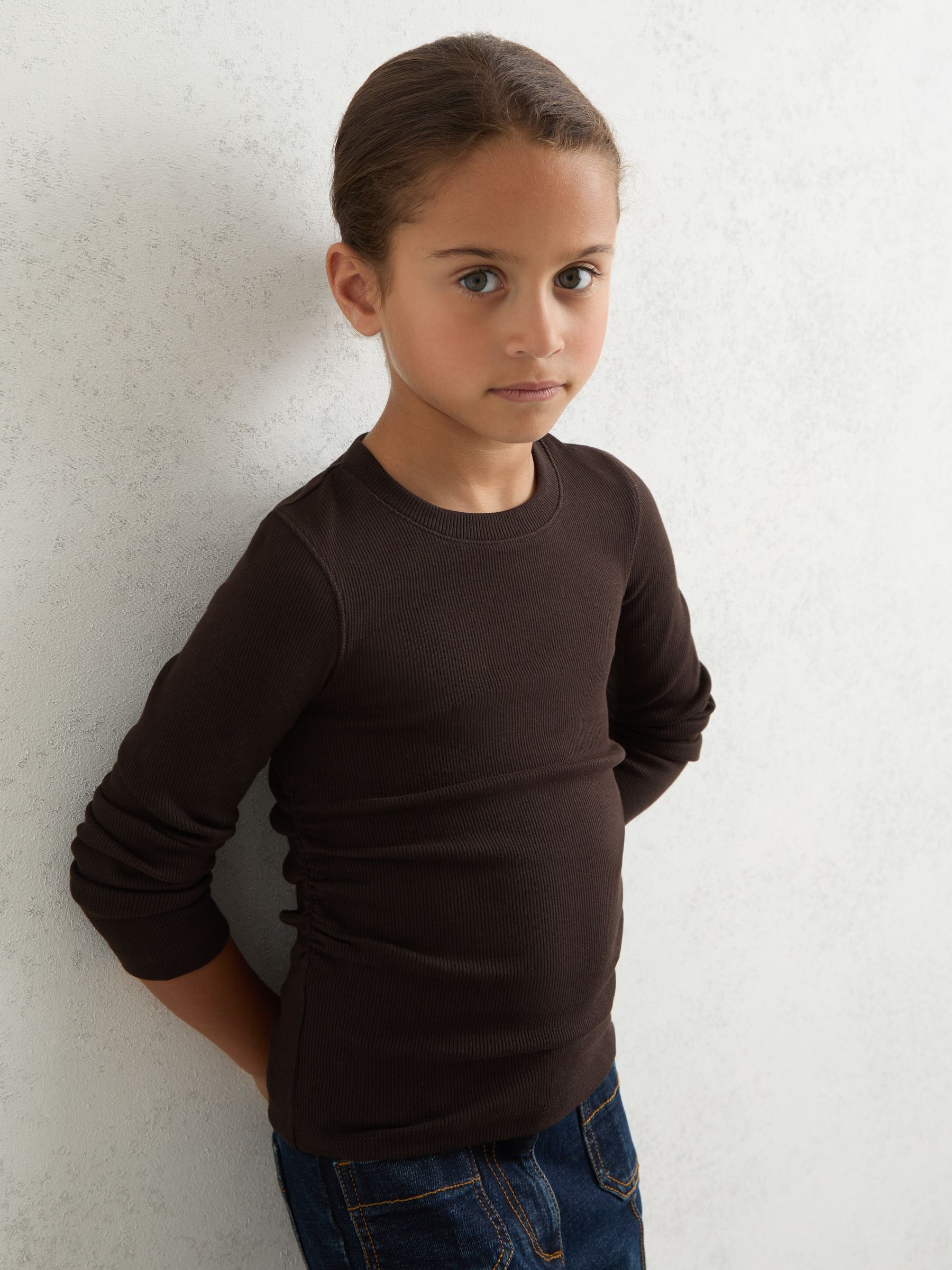 9-13 yrs Cotton Ruched Long-Sleeve T-Shirt with Stretch in Chocolate