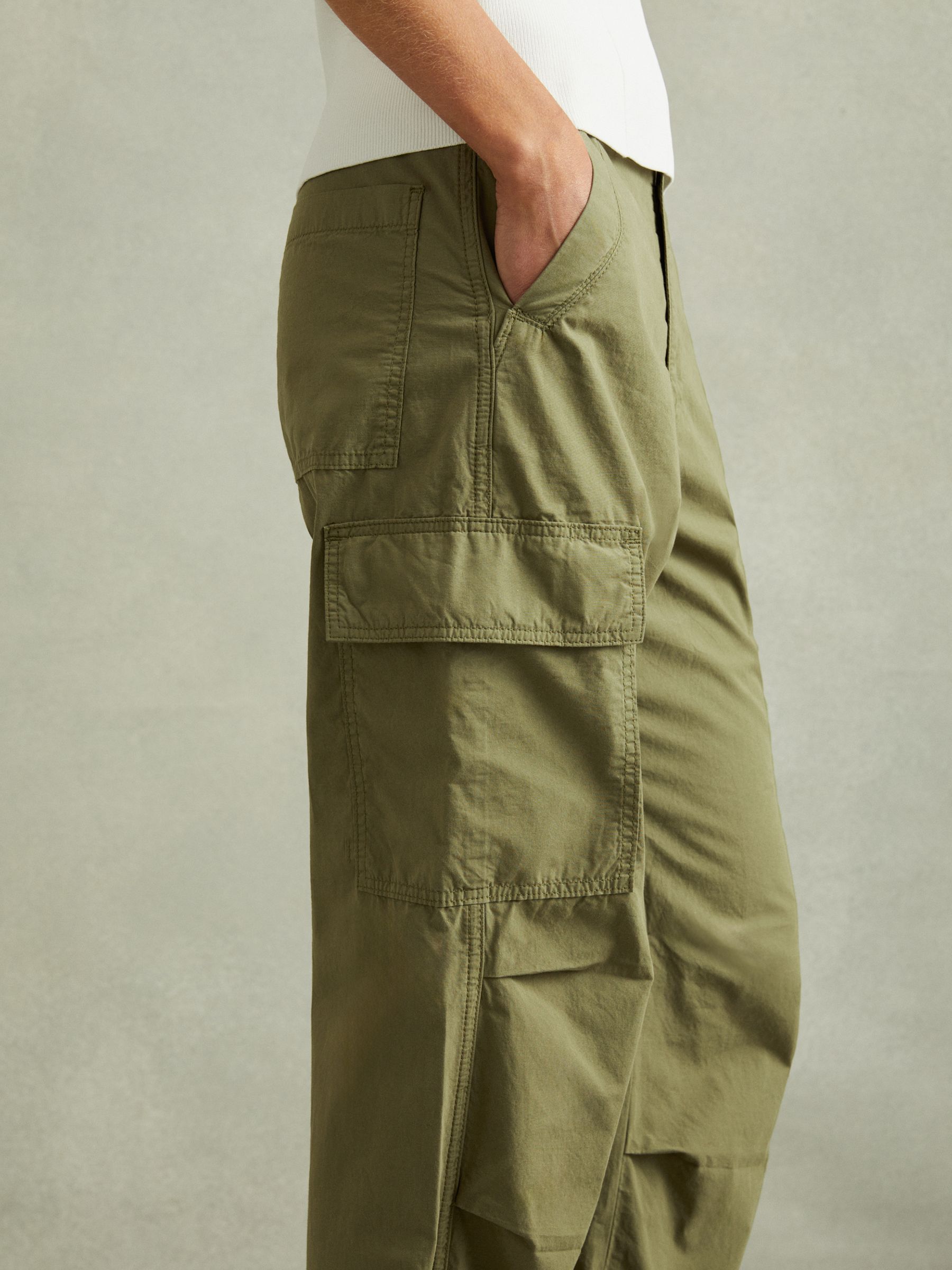 Tapered Drawstring Cotton Combat Trousers in Khaki