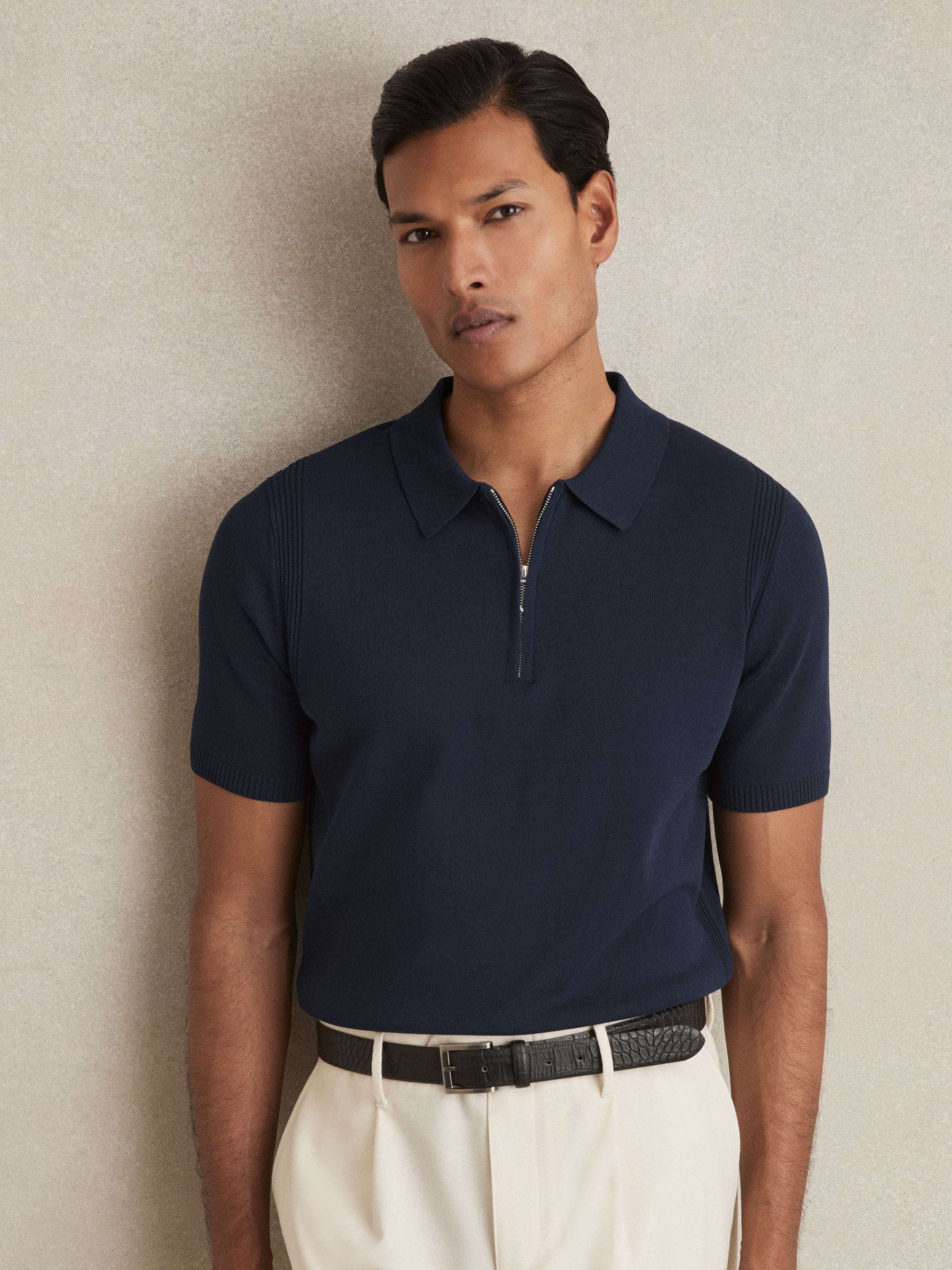 Cotton Half-Zip Knitted Polo Shirt in Navy