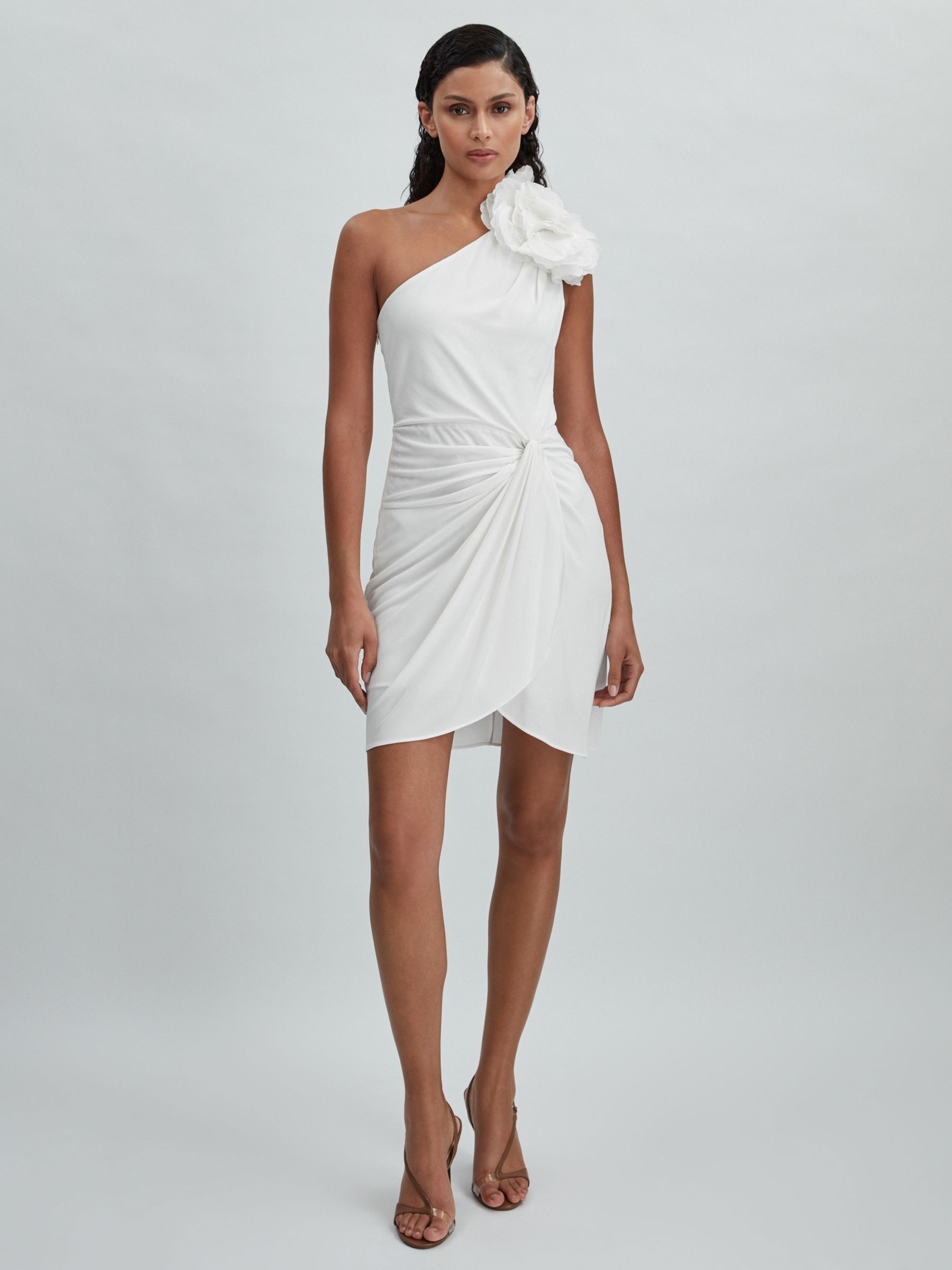 Halston One-Shoulder Ruffle Mini Dress in White