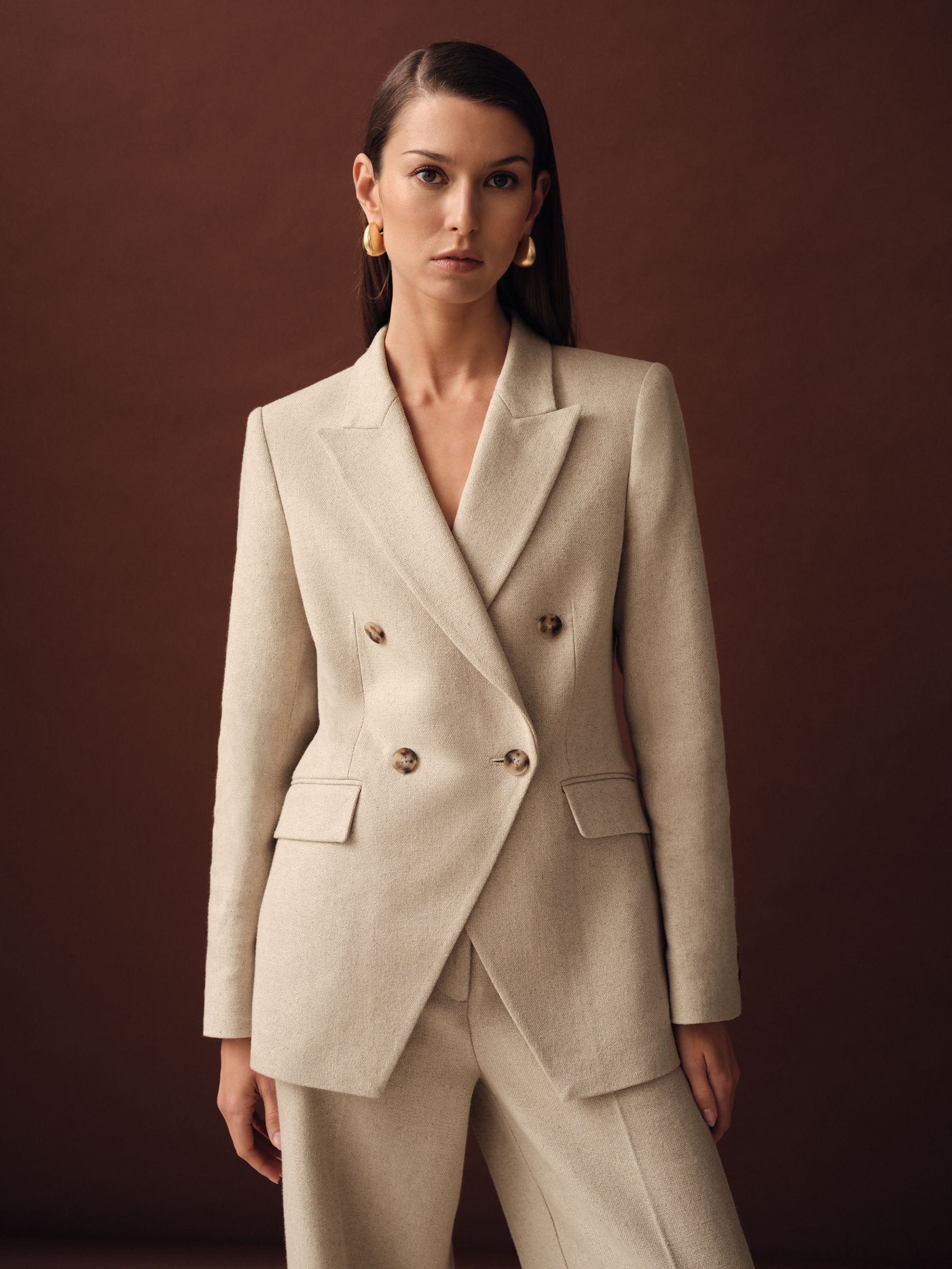 Linen-Blend Double-Breasted Suit Jacket in Neutral